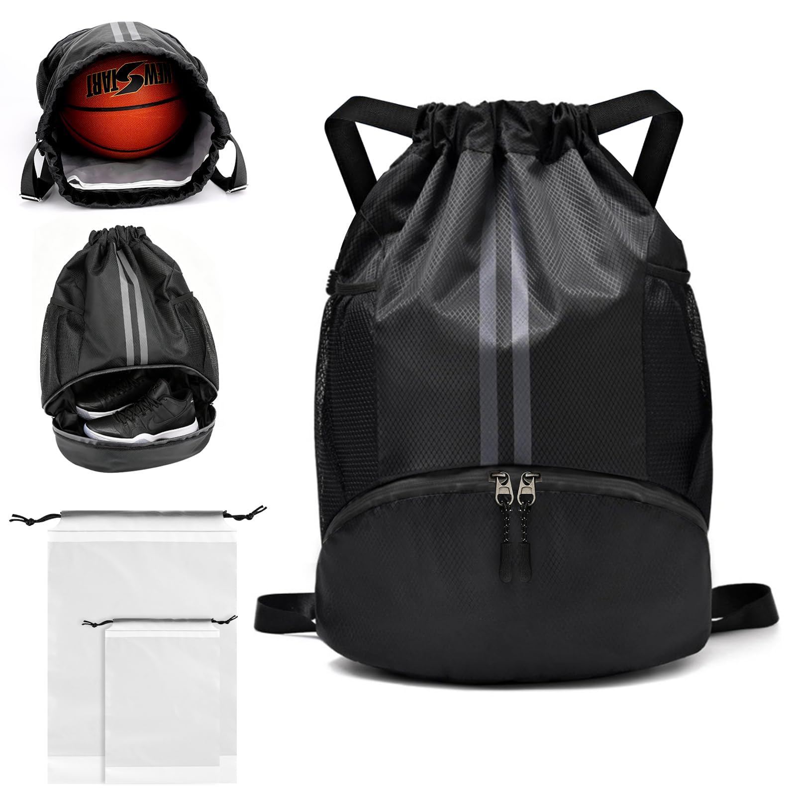 PE Bags Drawstring, Football Boot Bag Sports Gym Black Backpack with Shoe Compartment, 18.5*12.6*6.3in Waterproof Nylon Kit Sack Wet Dry Separation for Kids Adults Men Women Swimming Training School