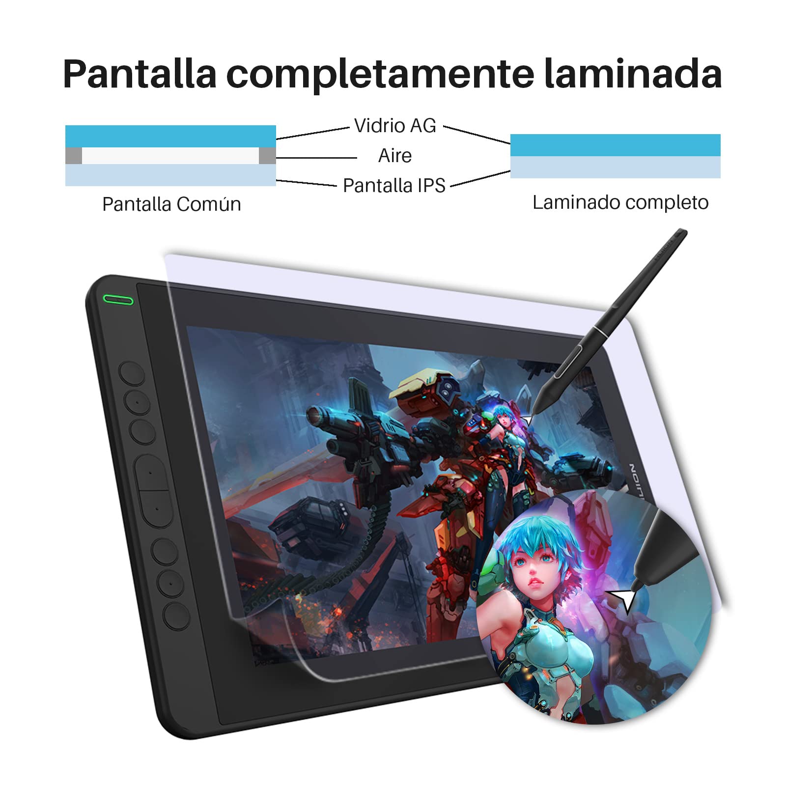 HUION Kamvas 13 Tableta Grafica, Tableta Digital Grafica con Pantalla Laminada Completa de 13,3 Pulgadas, 8 Teclas de Acceso Directo, Compatible con Android,para Educación a Distancia y Trabajo,Negro