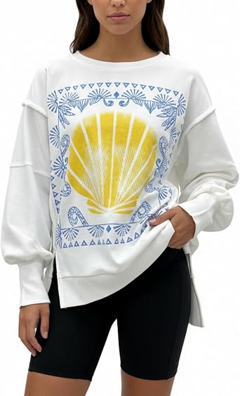 Womens Oversized Sweatshirt Long Sleeve Y2k Star Shirt Drop Shoulder Vintage Graphic Crewneck Top