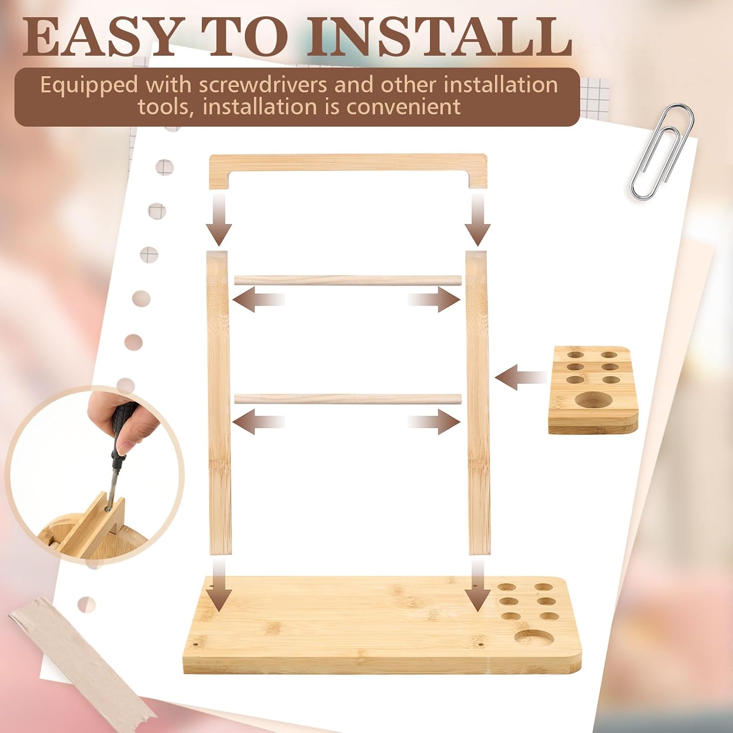 Gerrii Bamboo Yarn Holder for Crochet with Built-in Phone Stand, Yarn Storage Organizer with 9 Wooden Crochet Hooks, 10 Needles & Scissors - Knitting Accessories Gift
