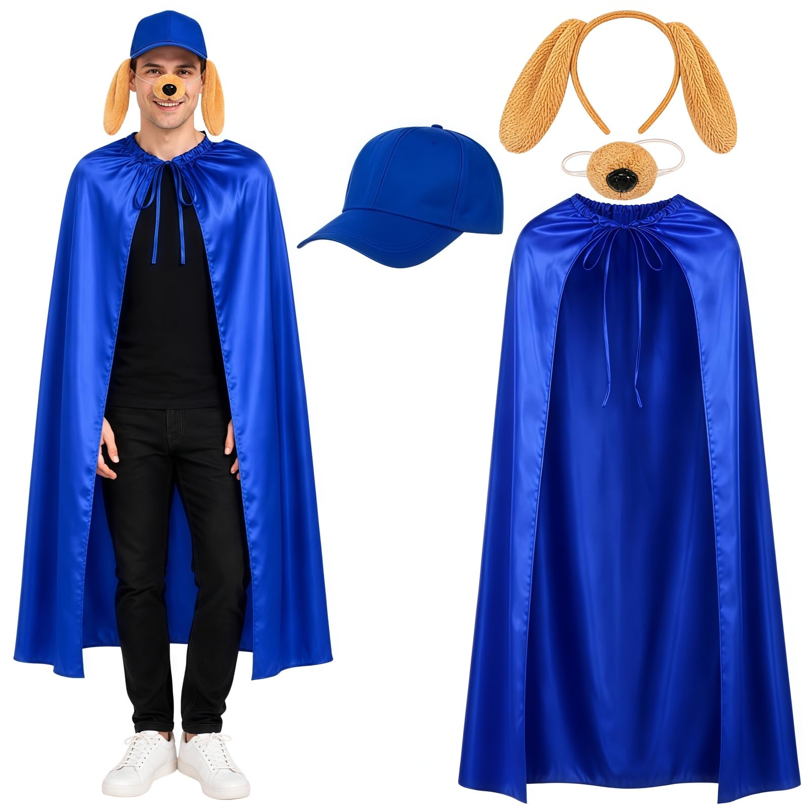 Boyigog Dog Adult Cosplay Costume 6Pcs Dog Fancy Dress Outfit with Blue Cape Hat Dogs Ears Hairband Nose, Dogs Unisex Adult Cape Dress Up Costume for Halloween Cosplay Party (110CM Long Cape)