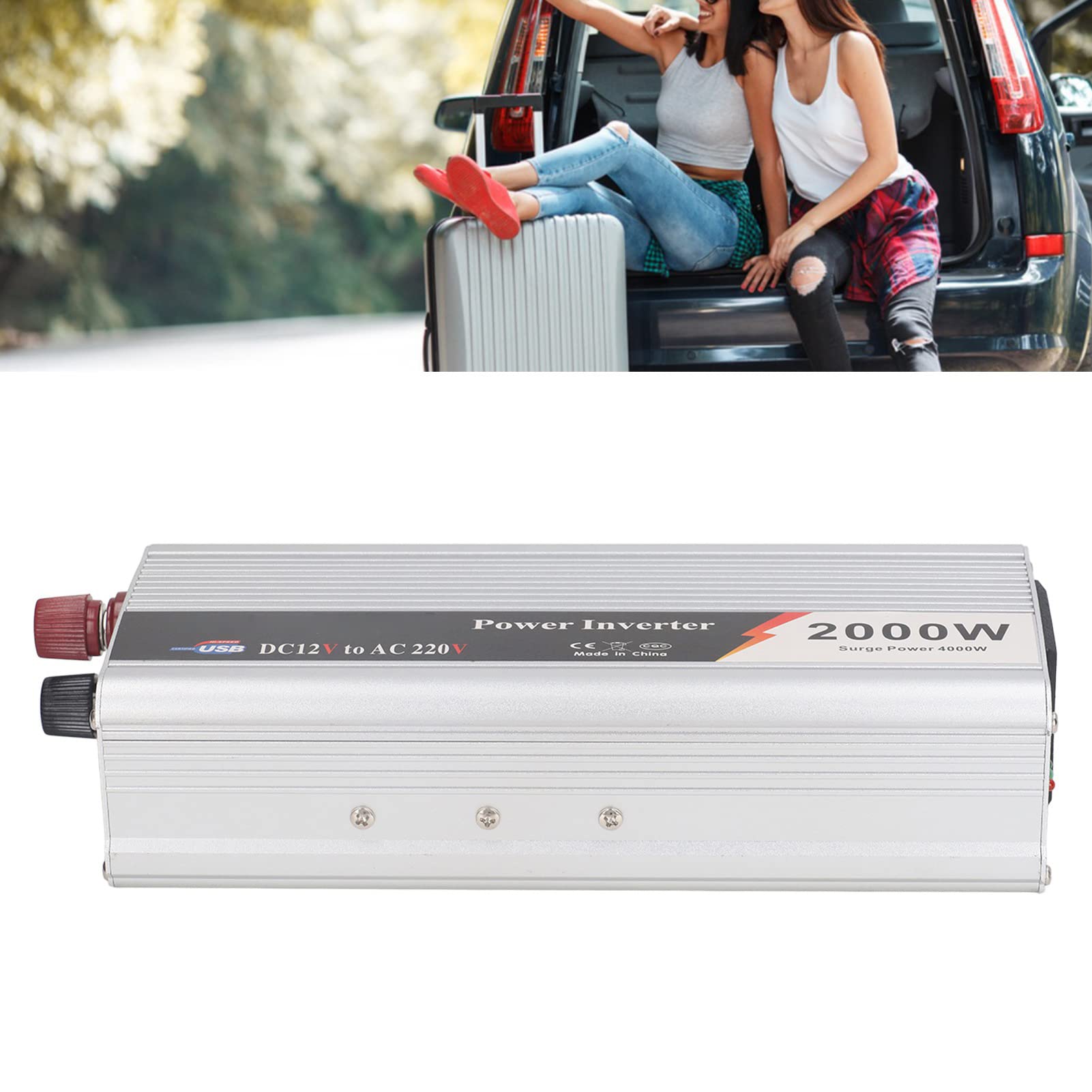 Inversor de Corriente para Automóvil de 2000 W, CC 12 V a CA 220-230 V, Onda Sinusoidal Corregida, con 1 Enchufe Universal, Interfaz USB de 5 V, Protección Múltiple, para Cargar