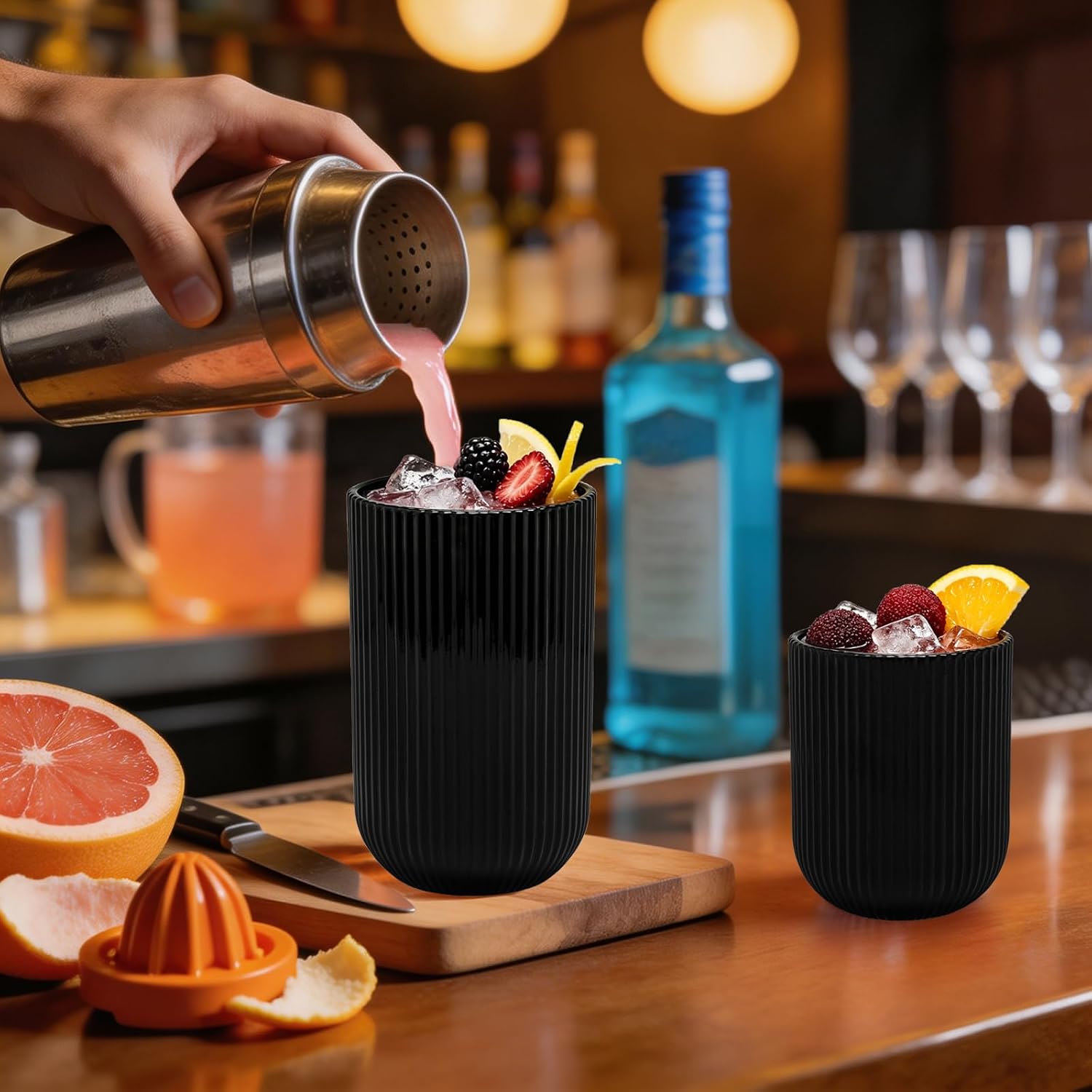 Black Ribbed Drinking Glasses Set of 12, 14 Oz Highball Glasses & 10 Oz Cocktail Glasses, Embossed Boho Durable Glass Cups Kitchen Bar Tumbler Glassware Set for Whiskey, Beer, Juice, Milk