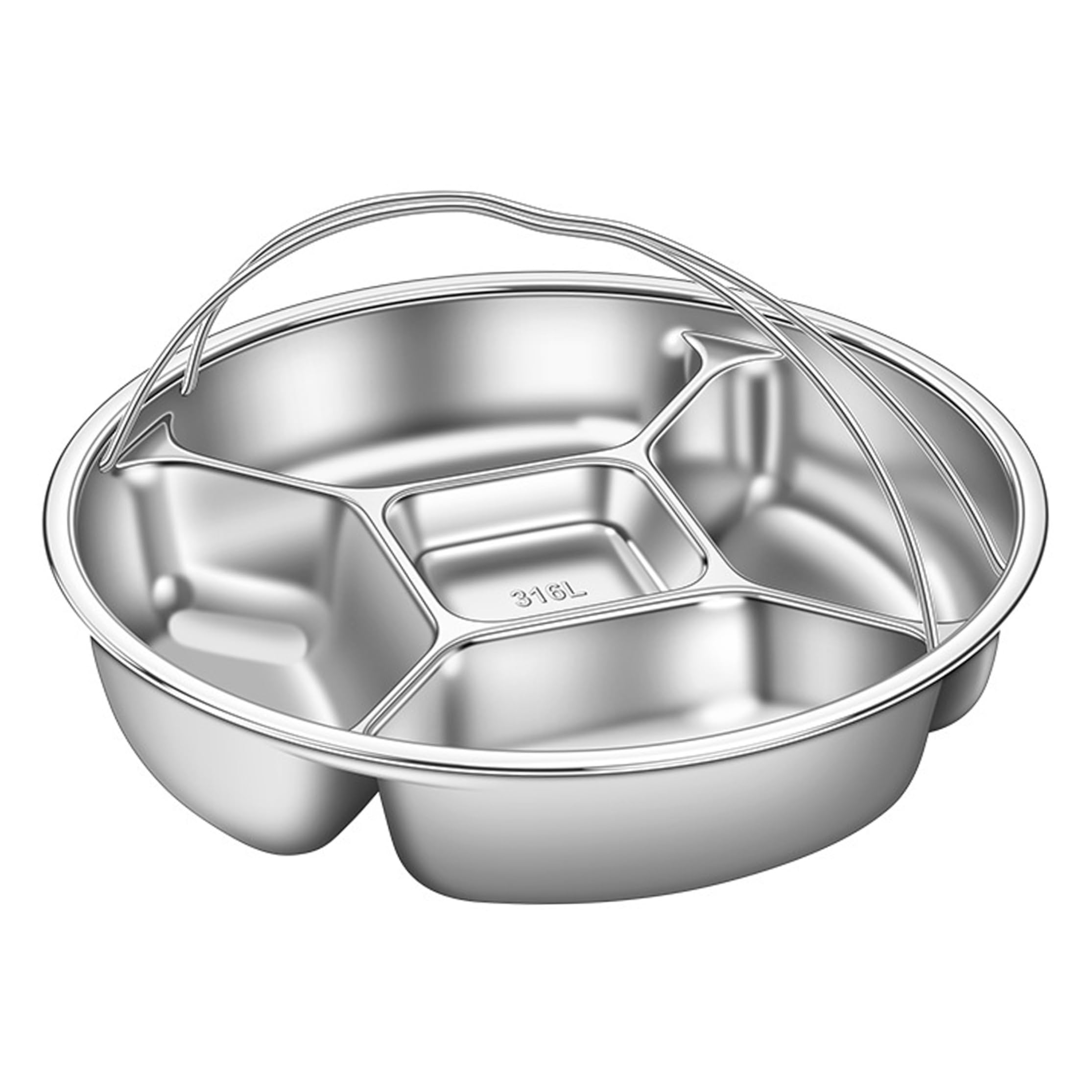 Monetais Stainless Steel Divided Plates, 5 Compartment Round Portion Control Plate with Dual Handles Divided Toddler Plates for Vegetables, Fish, Meat, Eggs