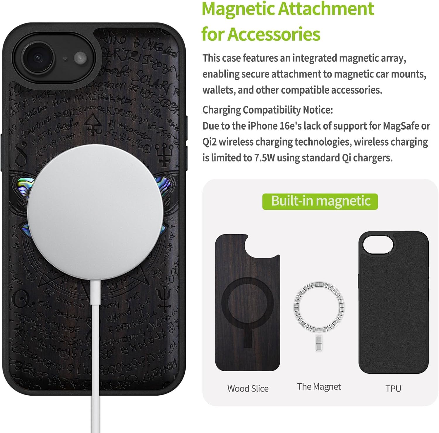 Carveit Magnetic Wooden Case for iPhone 16e / 17e, Wood Artisan Engraved & Handmade Shell Inlaid, TPU Shockproof Cover, Compatible with MagSafe Wireless Chargers, Death's Head Moth - Blackwood