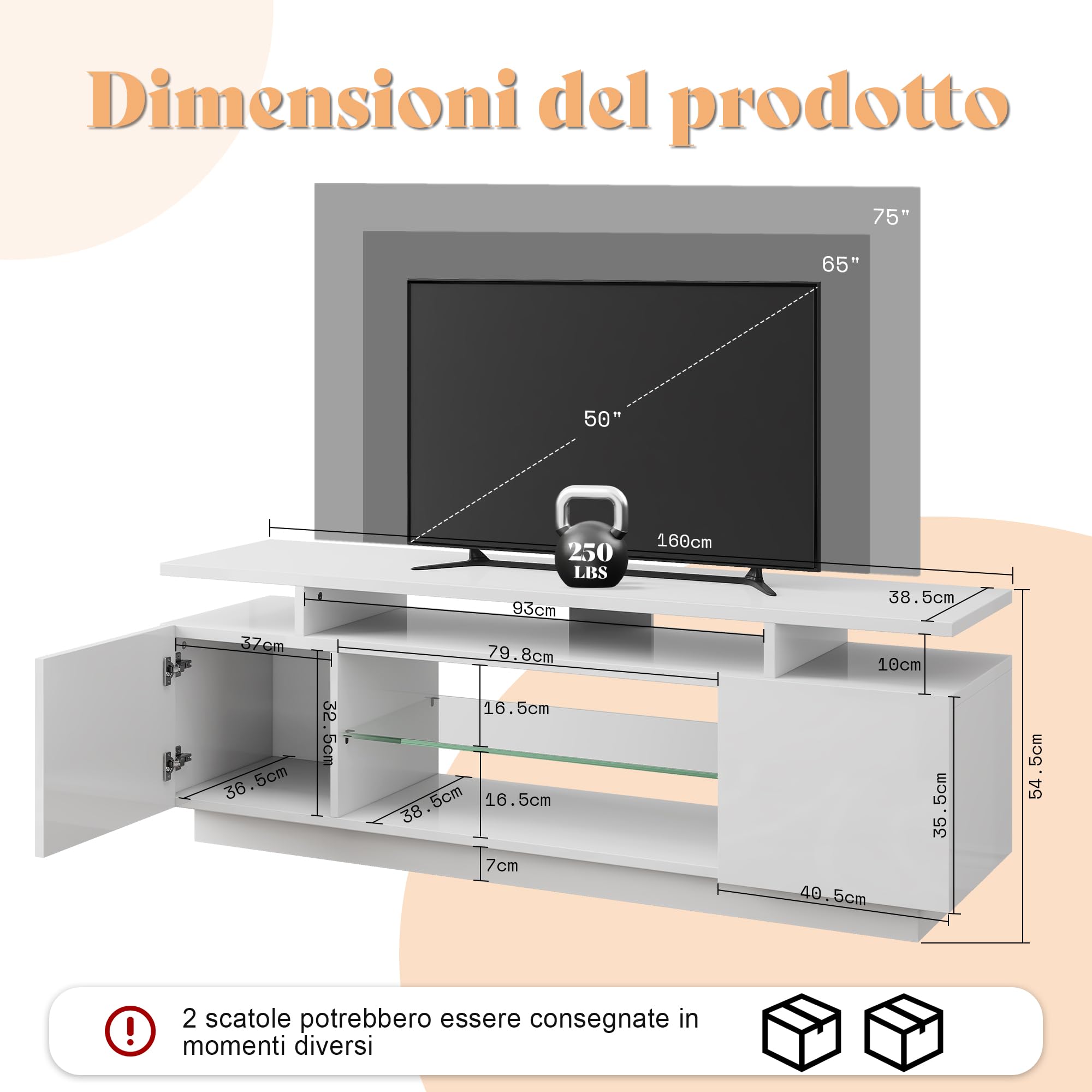 LUXOAK TV-Schrank mit LED Beleuchtung, für Fernseher bis 75 Zoll, Hochglanz TV Board mit großem Stauraum, 2 Türen & Glasablage, Fernsehtisch für Wohnzimmer Schlafzimmer, Weiß