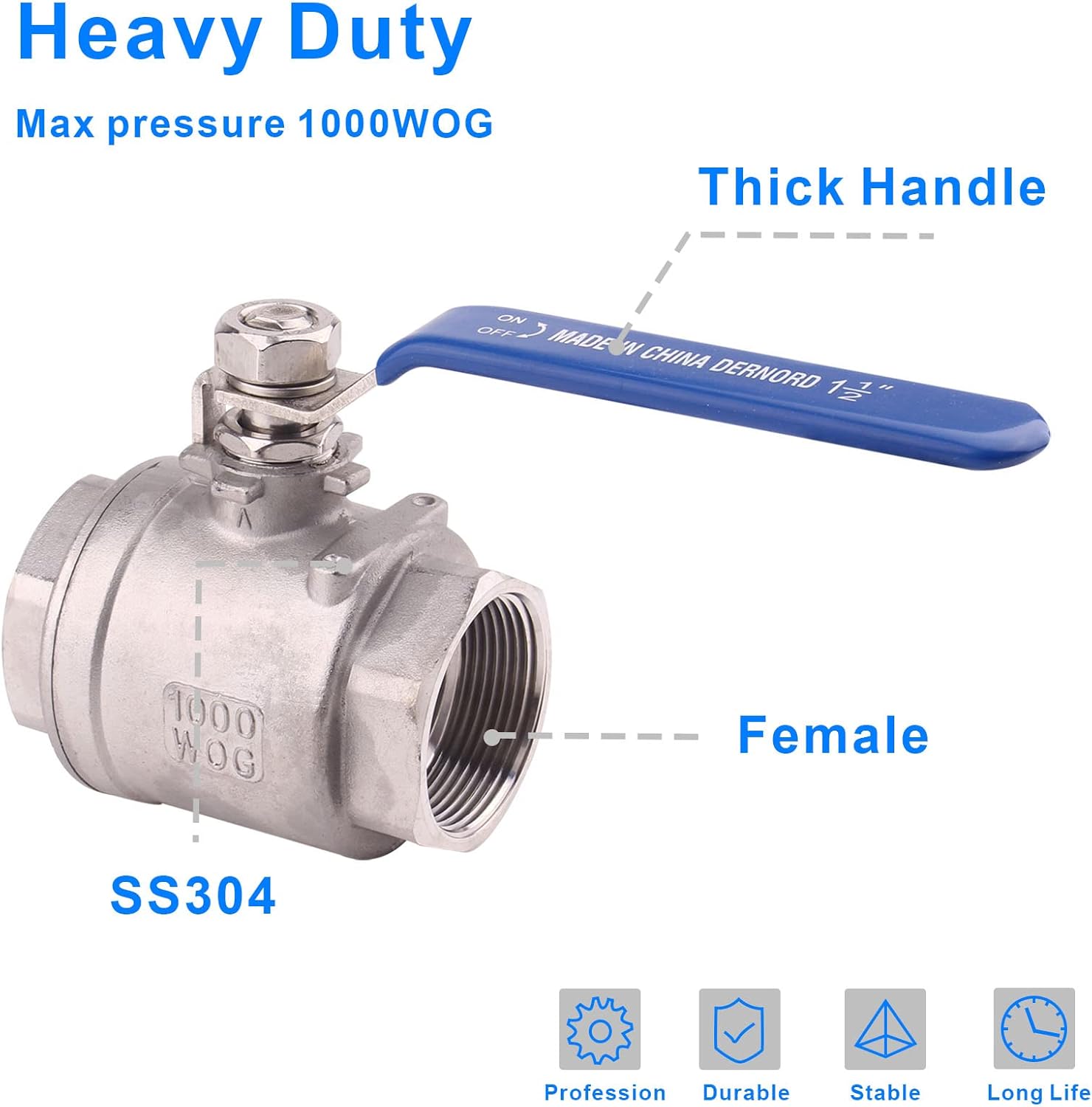 DERNORD Full Port Ball Valve Stainless Steel 304 Heavy Duty for Water, Oil, and Gas with Blue Locking Handles (1-1/2" NPT)