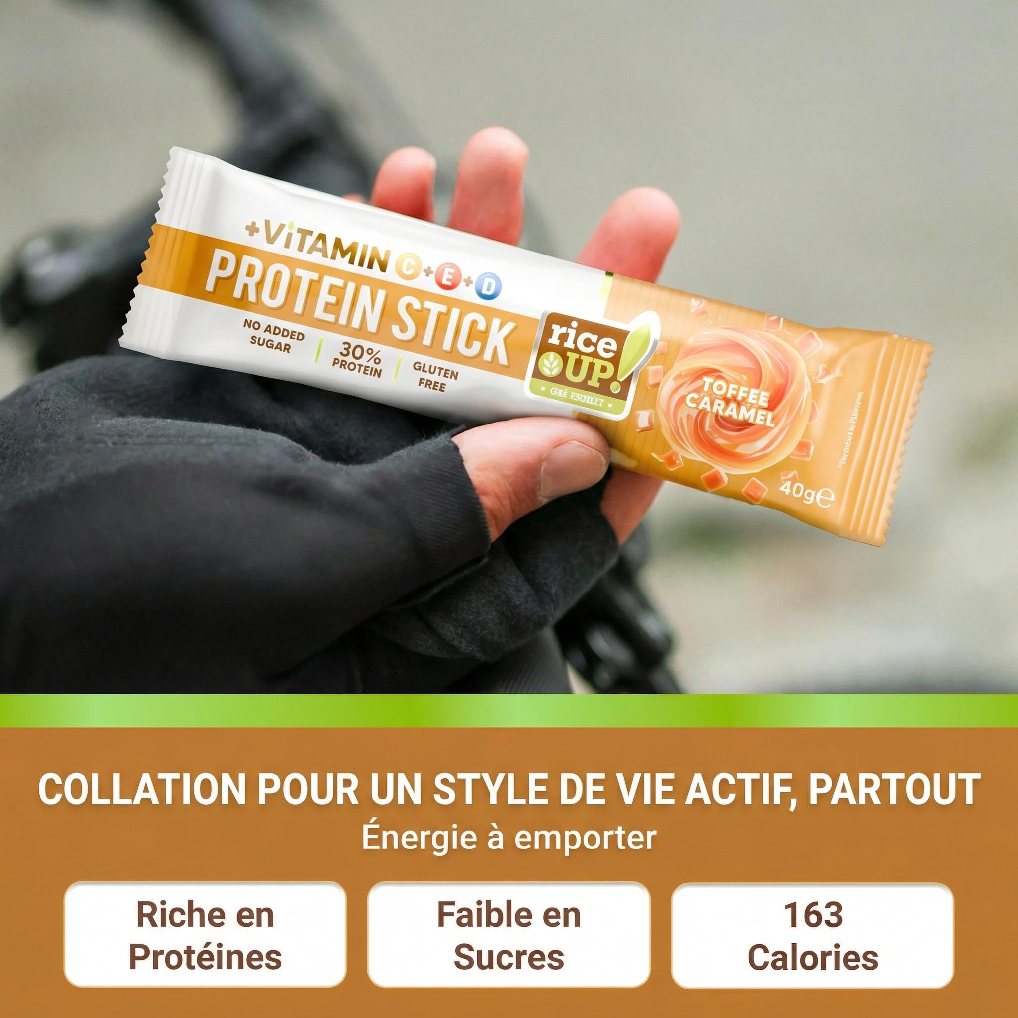 RiceUP! Barre Protéinée Toffee 30% – Barre Protéine Sans Sucre Ajouté, Sans Gluten & Sans Huile de Palme – Snack Protéiné Fitness & Nutrition Sportive – 15 x 40 g