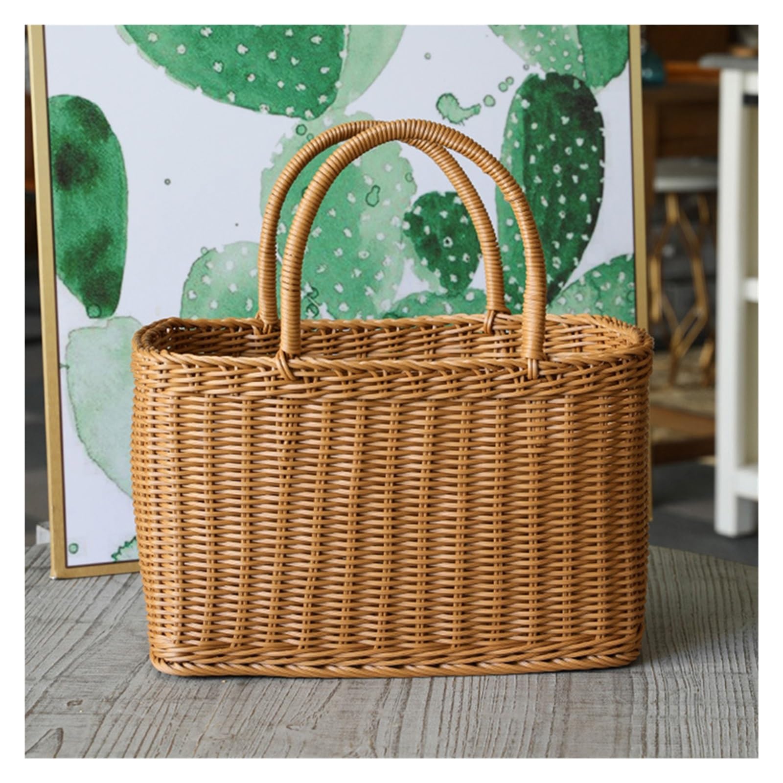 Panier Pique-Nique Panier de Rangement en Osier tissé, fourre-Tout en rotin Fleur Fruits Emballage Cadeau Plage Shopping Paille à Main Pique-Nique marché poignée paniers Sac Ensemble De Panier