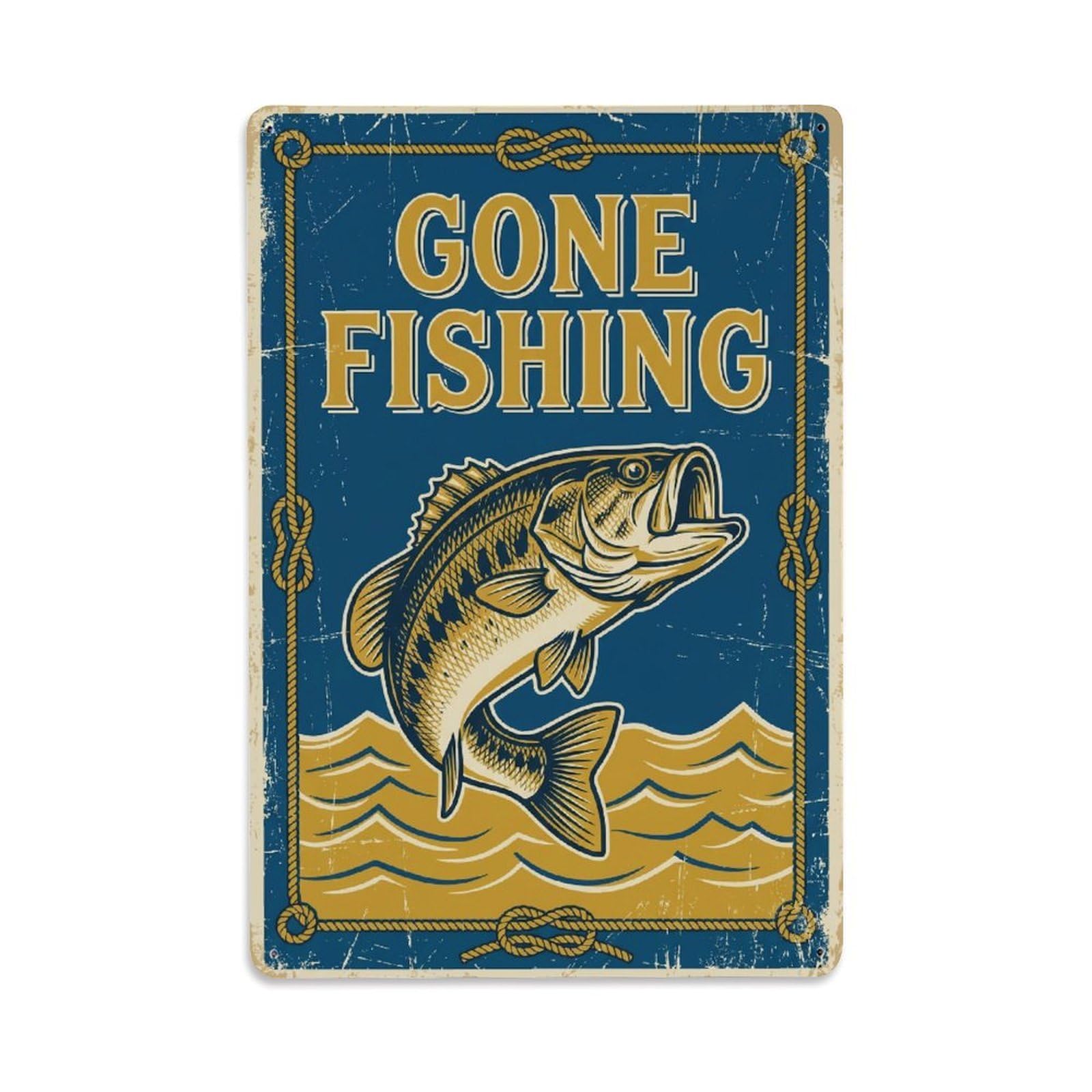 Gone Fishing Vintage Angler 1 Vintage Metal Tin Sign Plaque Wall Decor for Cafe, Club, Garden Metal Poster 8x12Inch