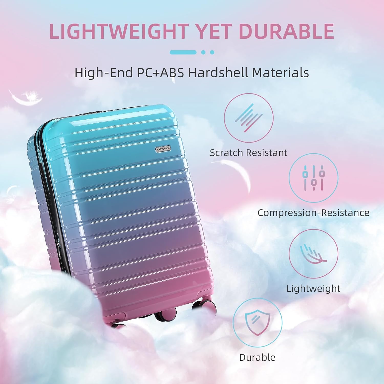 LARVENDER Luggage Sets 3 Piece, 20 Inch Carry on Luggage 22x14x9 Airline Approved Hardside PC+ABS Suitcase Set with Spinner Wheels TSA Lock, Lightweight Luggage Set for Women, Cotton Candy - Image 3