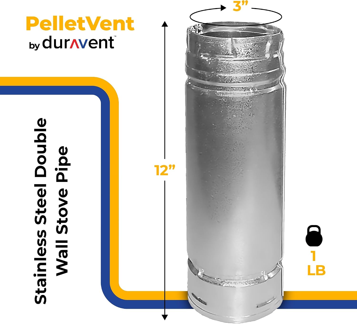 DuraVent PelletVent Stainless Steel Double Wall Straight Stove Pipe Connector to Vent Smoke and Exhaust for Multi-Fuels, 12" Long x 3" Diameter image 2