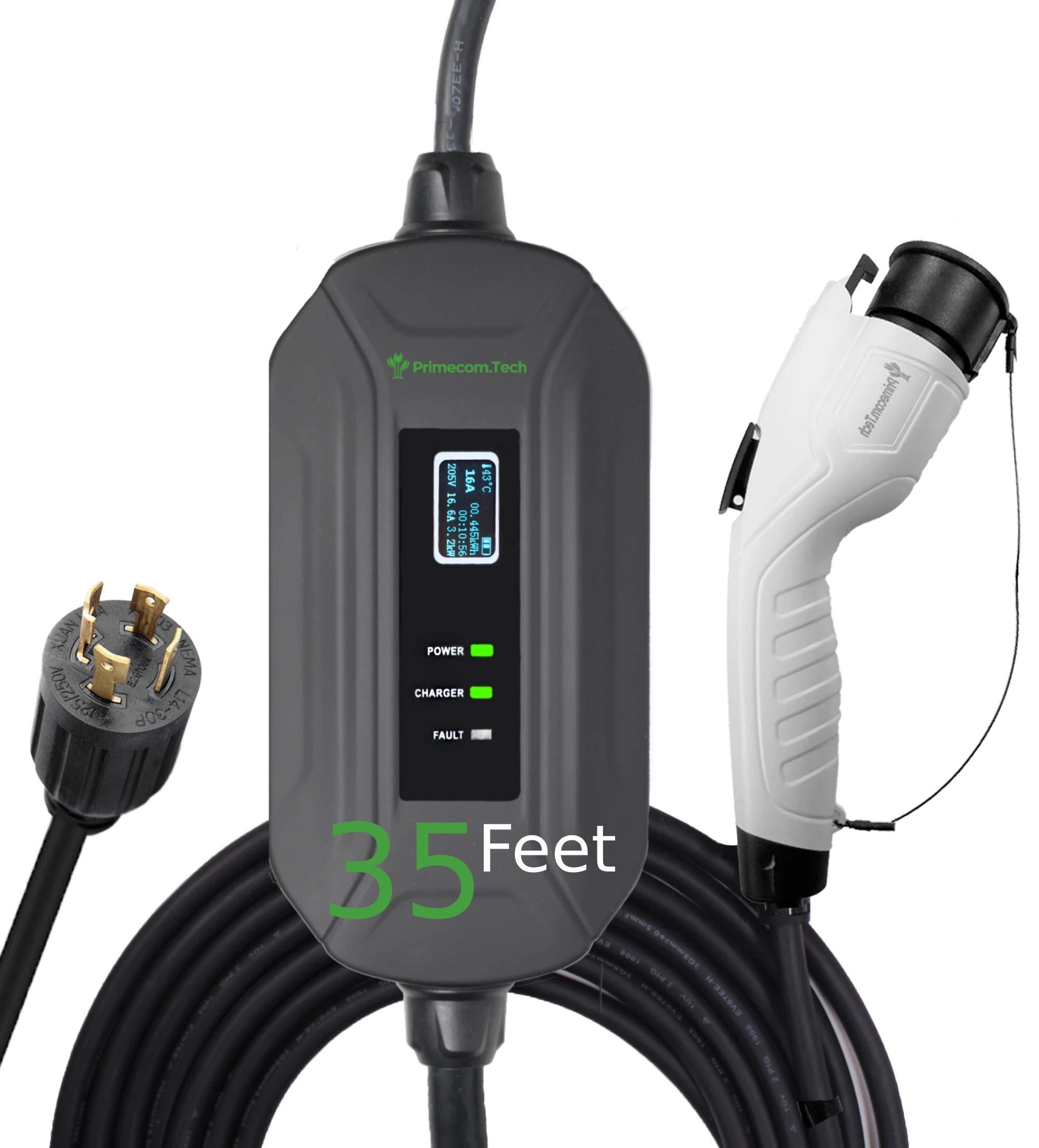 PRIMECOM Level 2 Electric Vehicle (EV) Charger (220V / 240Volt, 16Amp) Portable EVSE Smart Electric Car Charger, 30', 40', and 50 Feet Lengths (NEMA L14-30P, 35 Feet)