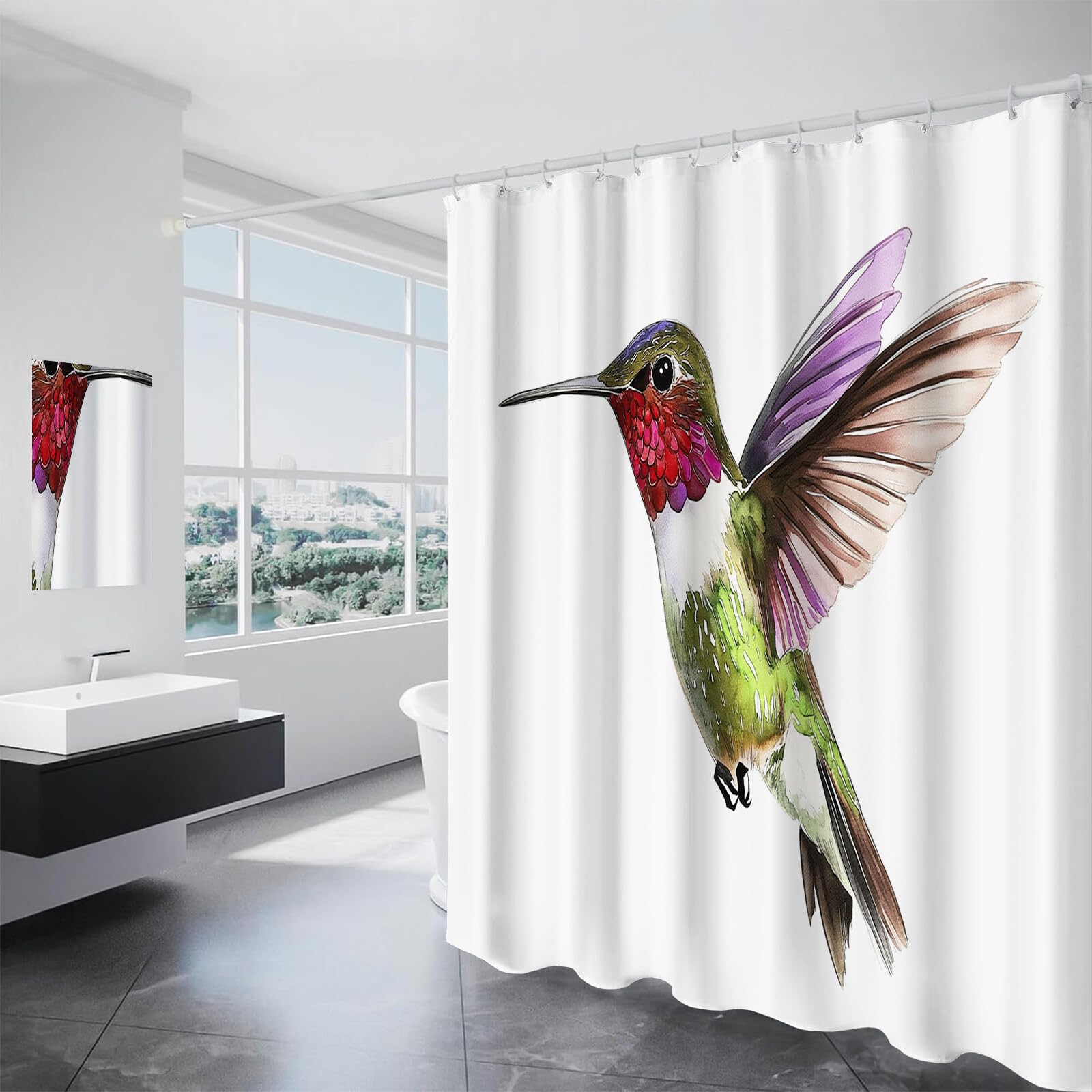 Rideau De Douche Colibri en Vol Animaux À L'Aquarelle Tissu Imperméable Lavable avec Crochets Anti Moisissure en Polyester Rideau Douche pour Salle De Bain