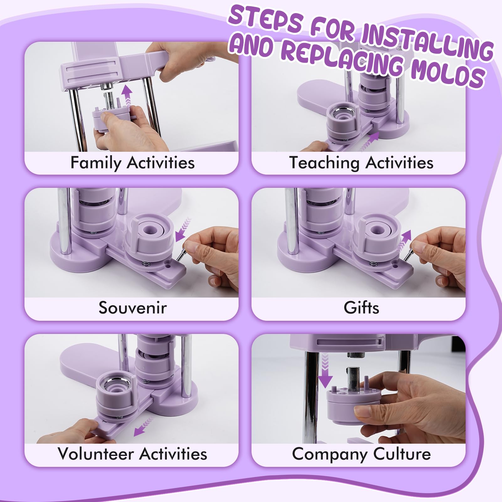 Máquina para hacer botones, 25 mm/32 mm/58 mm, kit de prensa de insignias personalizado con 300 piezas de botón para regalos, color morado