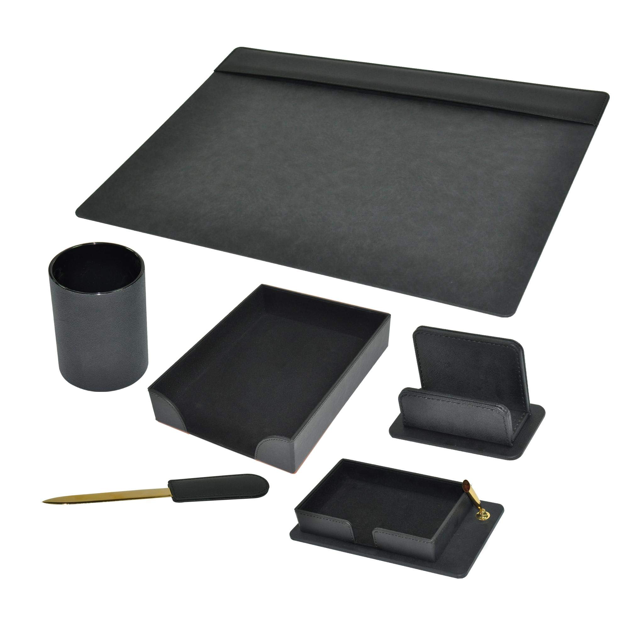 FIS Executive Desk Set with Italian PU Materials, Set of 6 Pieces Desk Set Organizer, Black Color, Pack in Gift Box-FSDS181BK