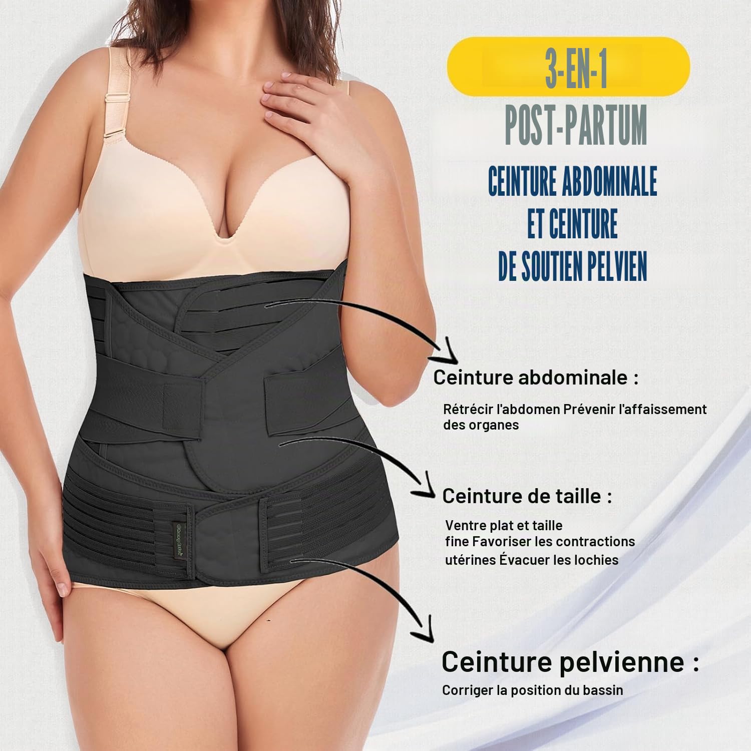 Ceinture ventrale 3 en 1 post-partum, Ceinture ventre/taille/bassin de récupération, noir, taille unique