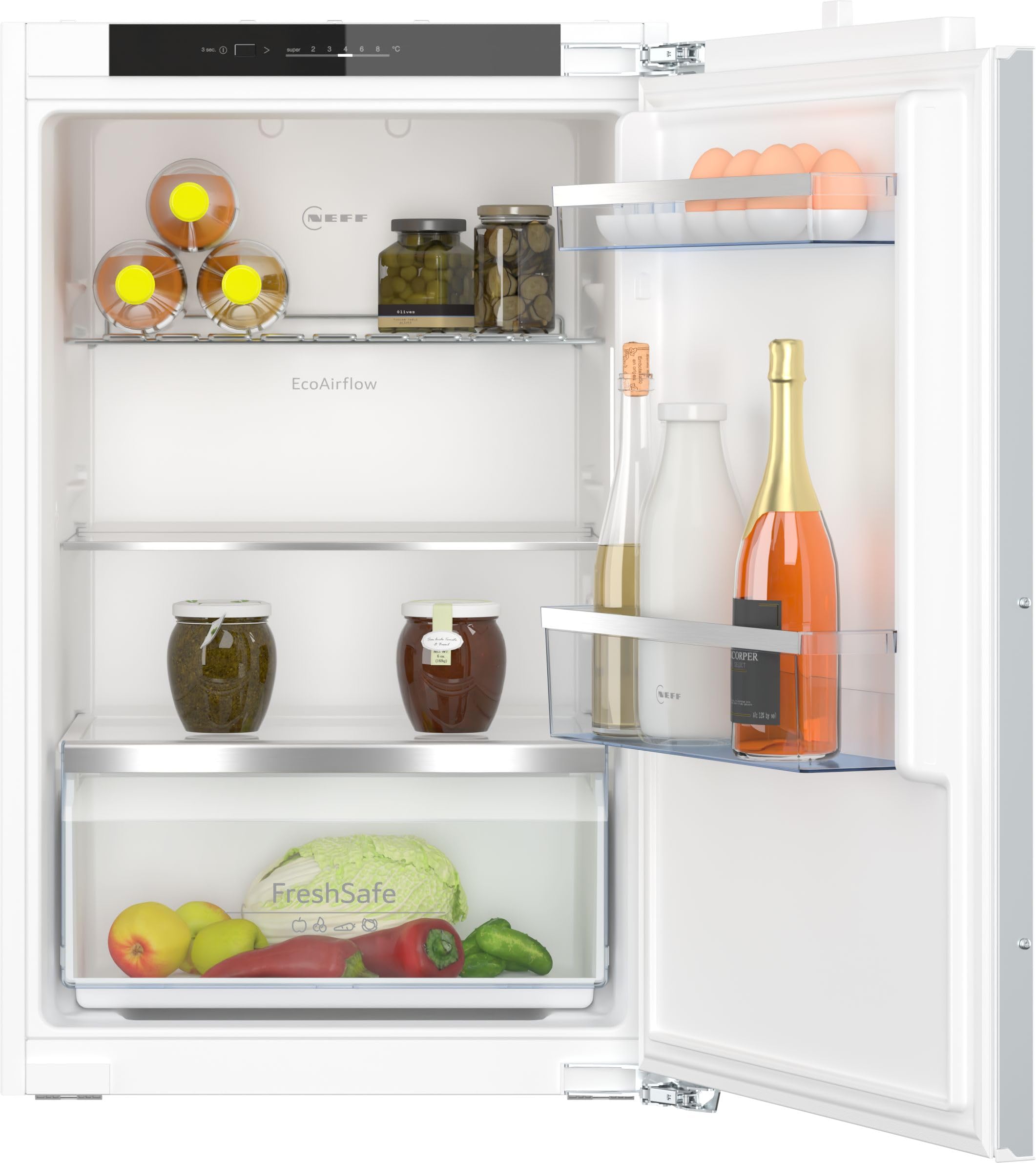 NEFF KI1212FE0, N 50, Einbaukühlschrank, 88 x 56 cm, 136 L Kühlen, Made in Germany, Leise, Sicherheitsglas, FreshSafe Schublade, Eco Air Flow für konstante Innentemperatur, Flachscharnier | Made in Germany, 136 L Kapazität, Fresh Safe Box für knackiges Ge