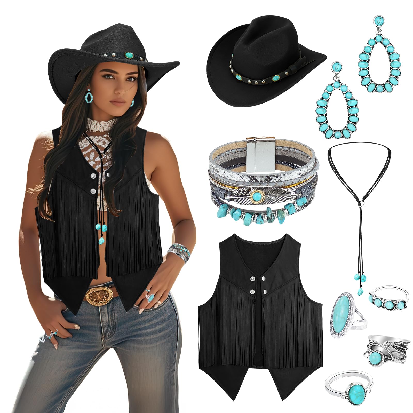 OJMHD Cowgirl Outfits for Women, Western Costume Accessories with Tassel Vest Cowboy Hat Turquoise Necklace Bracelets Ring for Halloween Cosplay Hippie Party (Black, M)