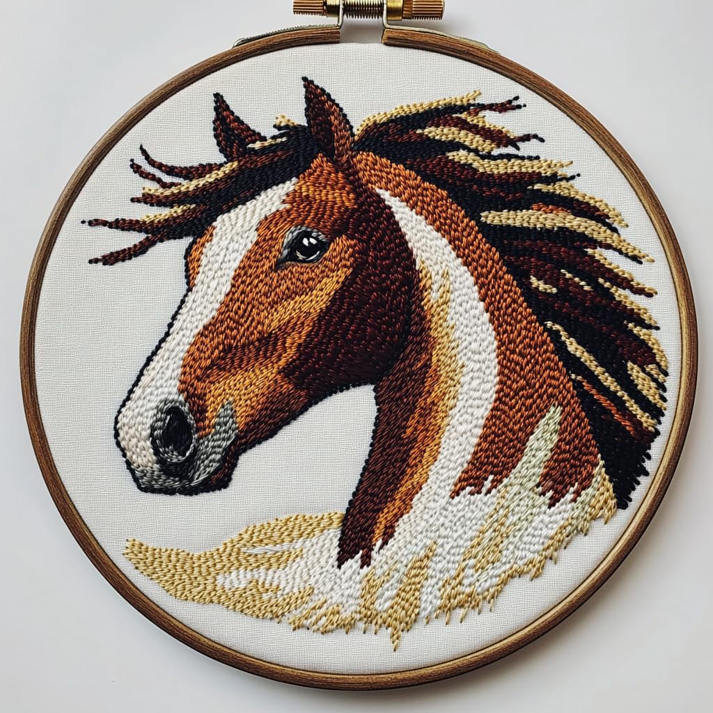 DIY Punch Needle Kits for Beginners American Native Indian Horse with Hoop Embroidery Punch Needle Starter Set Easy for Adults and Kids Festival Gift and Decor 20x20cm
