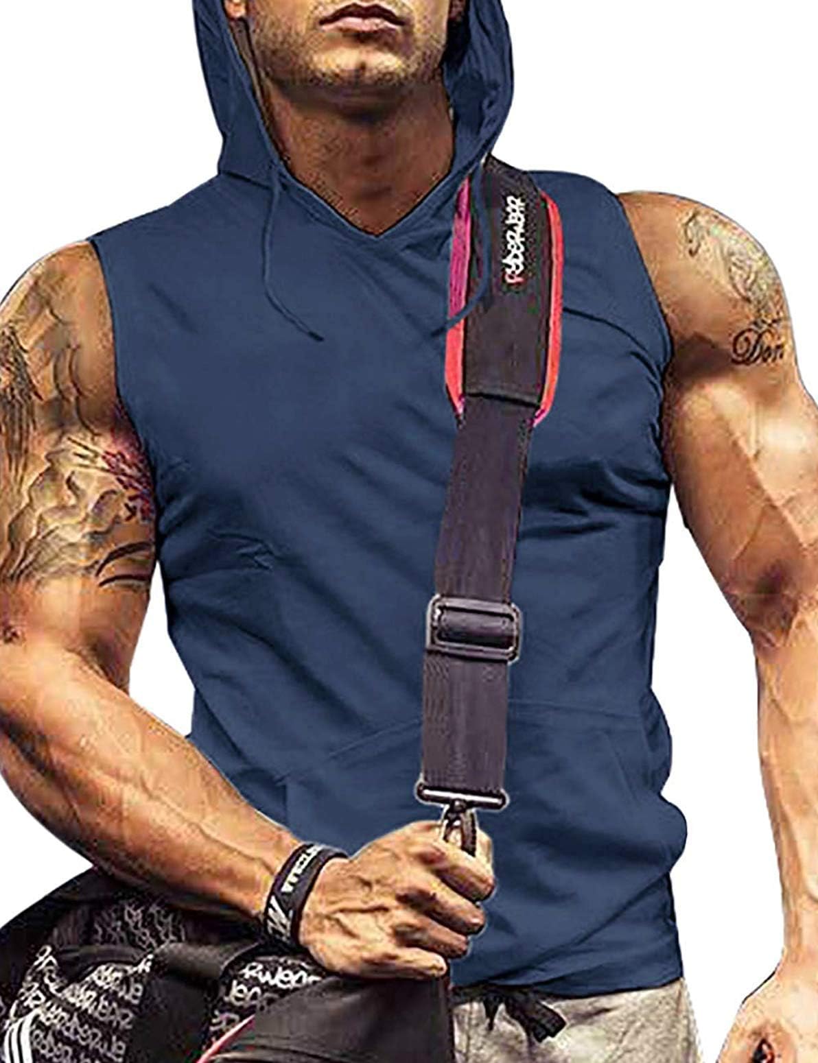 Mens Tank Top with Hood Pocket Gym Hoodie Workout Sleeveless Muscle Shirt