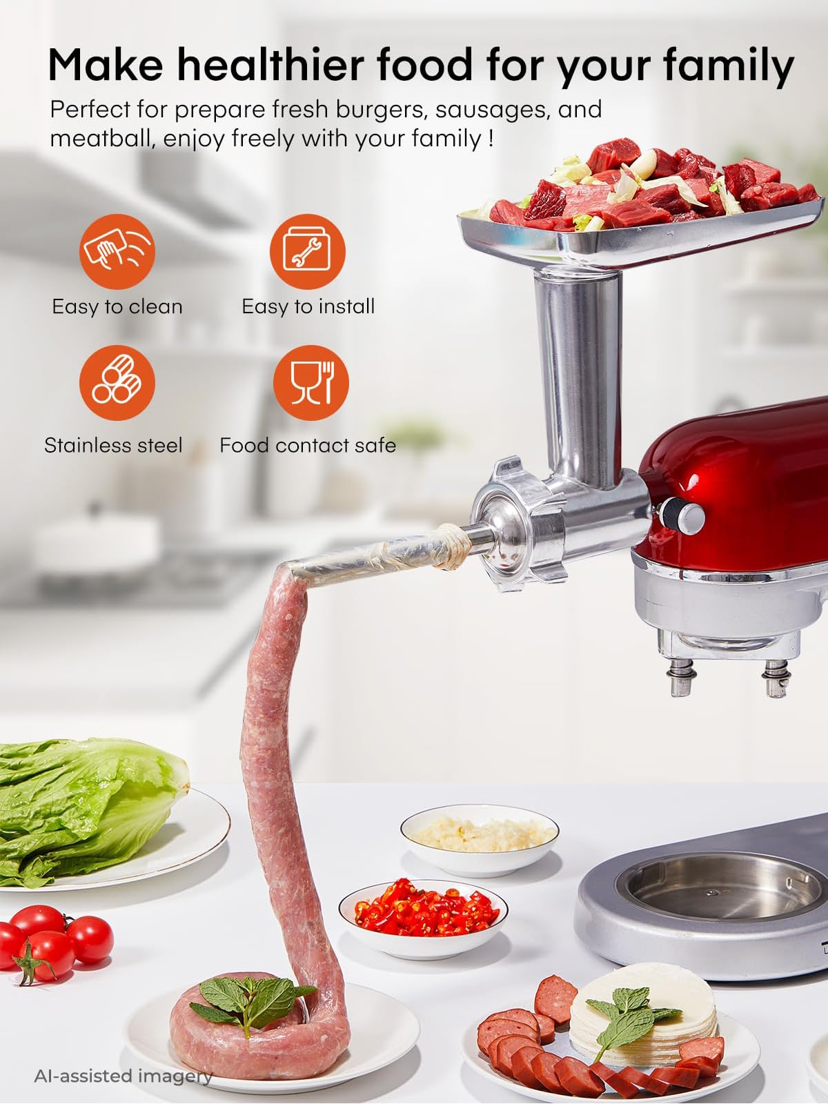 Hachoir à Viande pour KitchenAid, Accessoire Robot Pâtissier, 4 Plaques de Broyage, 2 Embouts à Saucisses, Acier Inoxydable