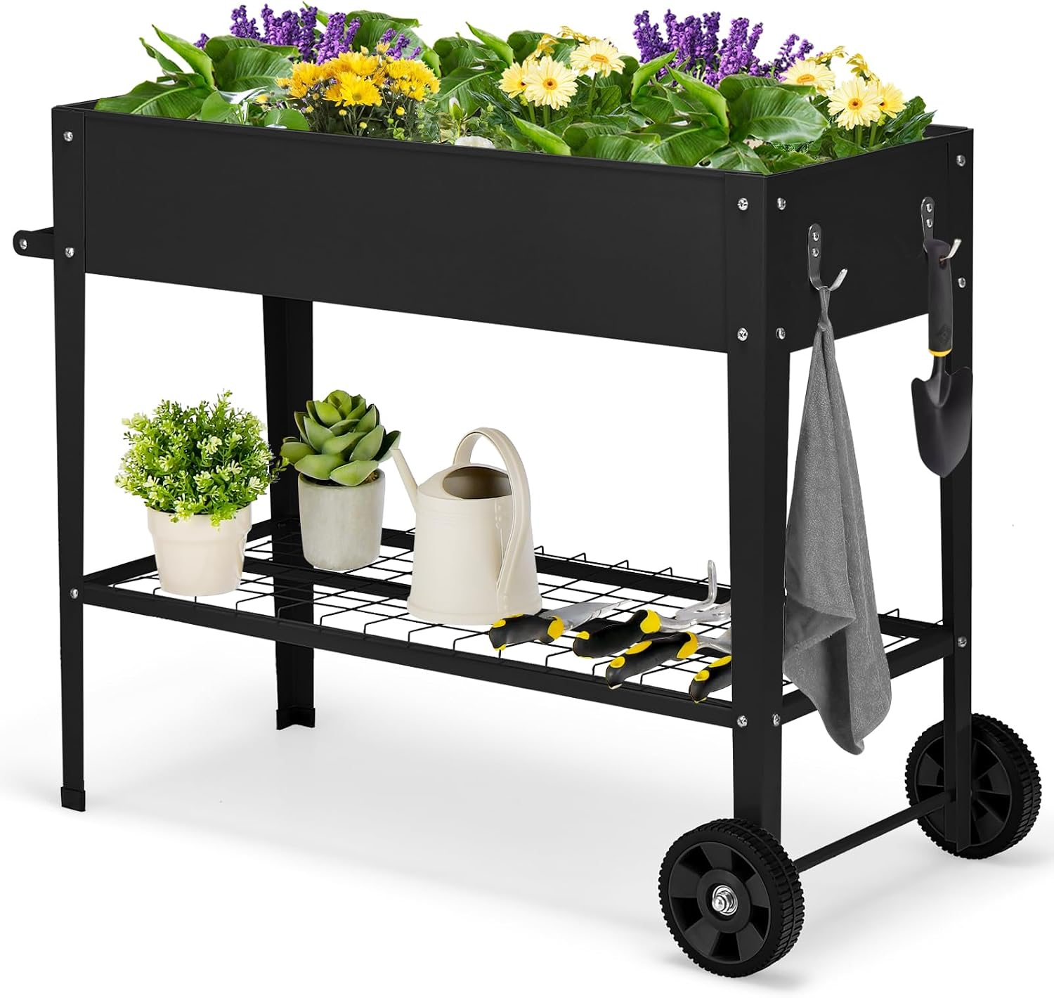 COSTWAY Raised Bed with Shelf & 2 Wheels, Raised Metal Garden Bed, Planter with Hook & Handle, Vegetable Bed, Herb Bed, Large, for Balcony, Garden, Patio, 95 x 40 x 80 cm (Black)