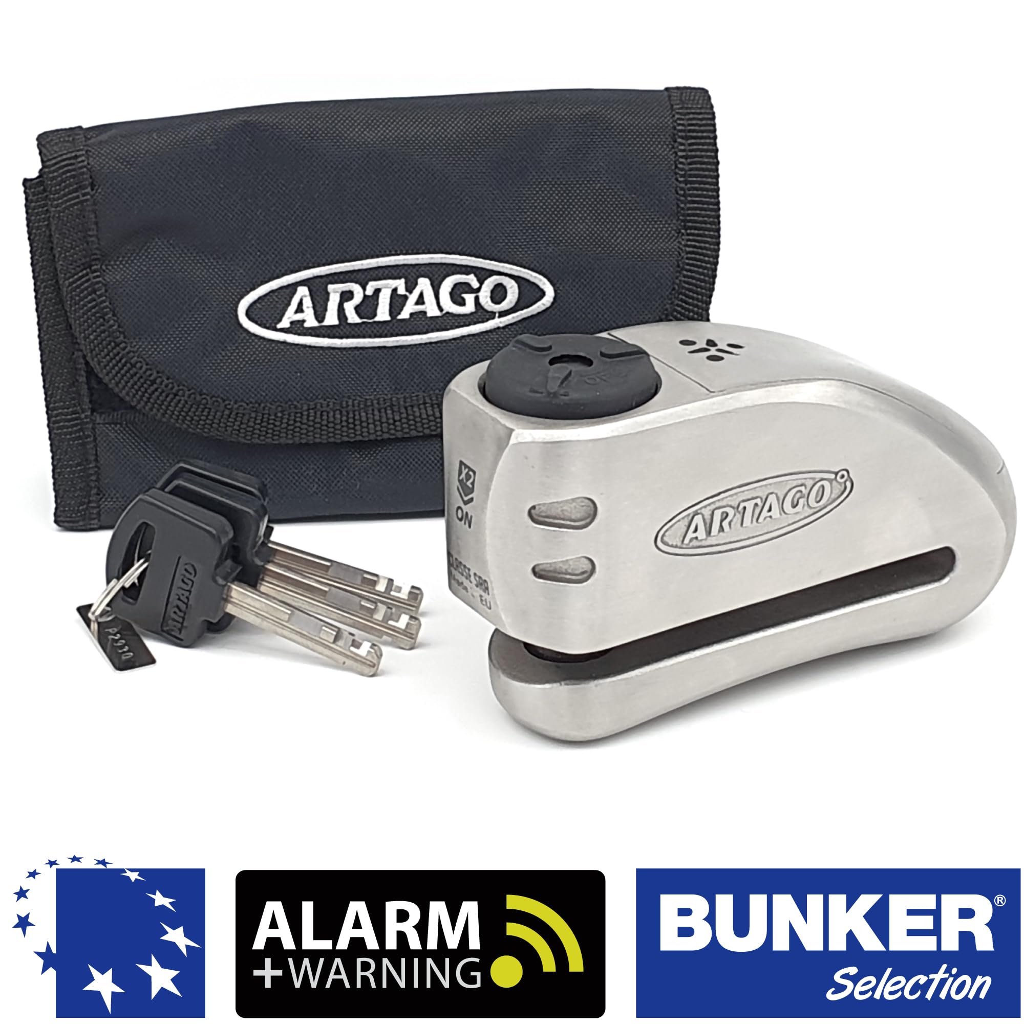 ARTAGO 32 Candado Moto Alta Gama, Mejor Antirrobo Disco con Alarma Inteligente Don't Touch 120dB, Homologado SRA y SSG, Exclusivo Triple Cierre Ø15.5, Blindaje Anti-Taladro 5mm, Pinza Cepo Acero Inox