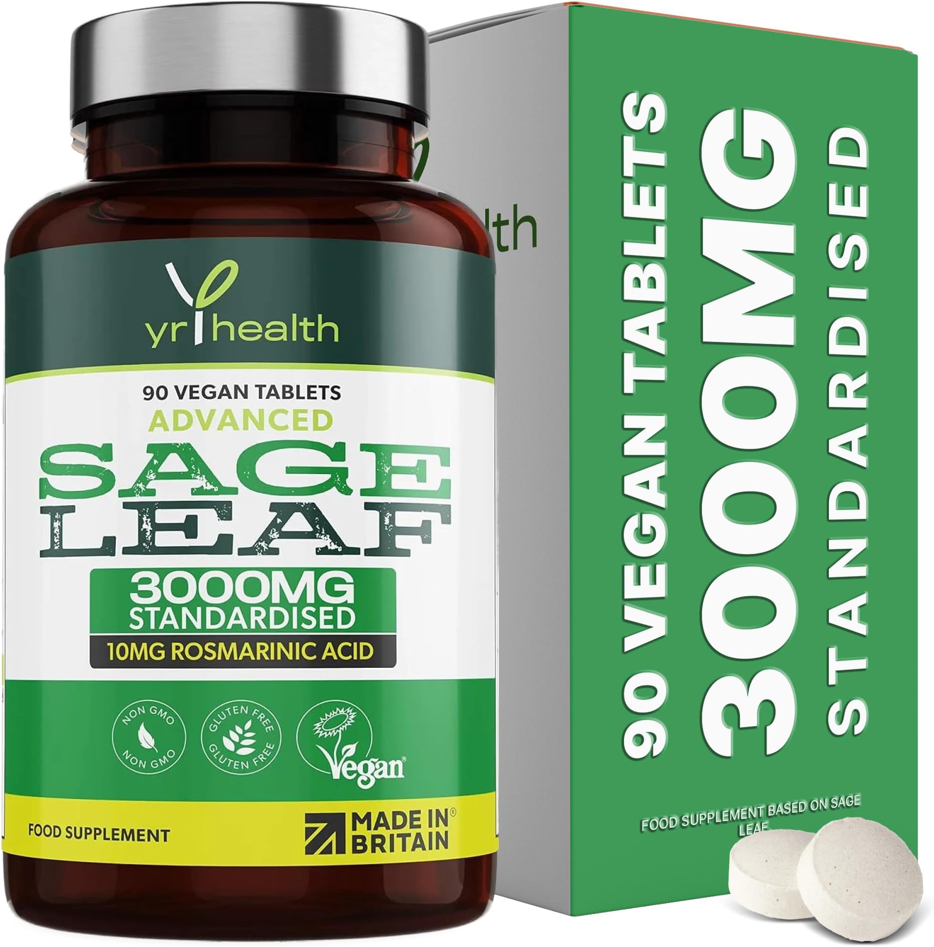 yrhealth Sage Tablets 3000mg High Strength for Hot Flushes, Night Sweats, Perimenopause & Menopause Symptoms - 90 Vegan Tablets not Capsules - Standardised 10mg Rosmarinic Acid - Made in The UK
