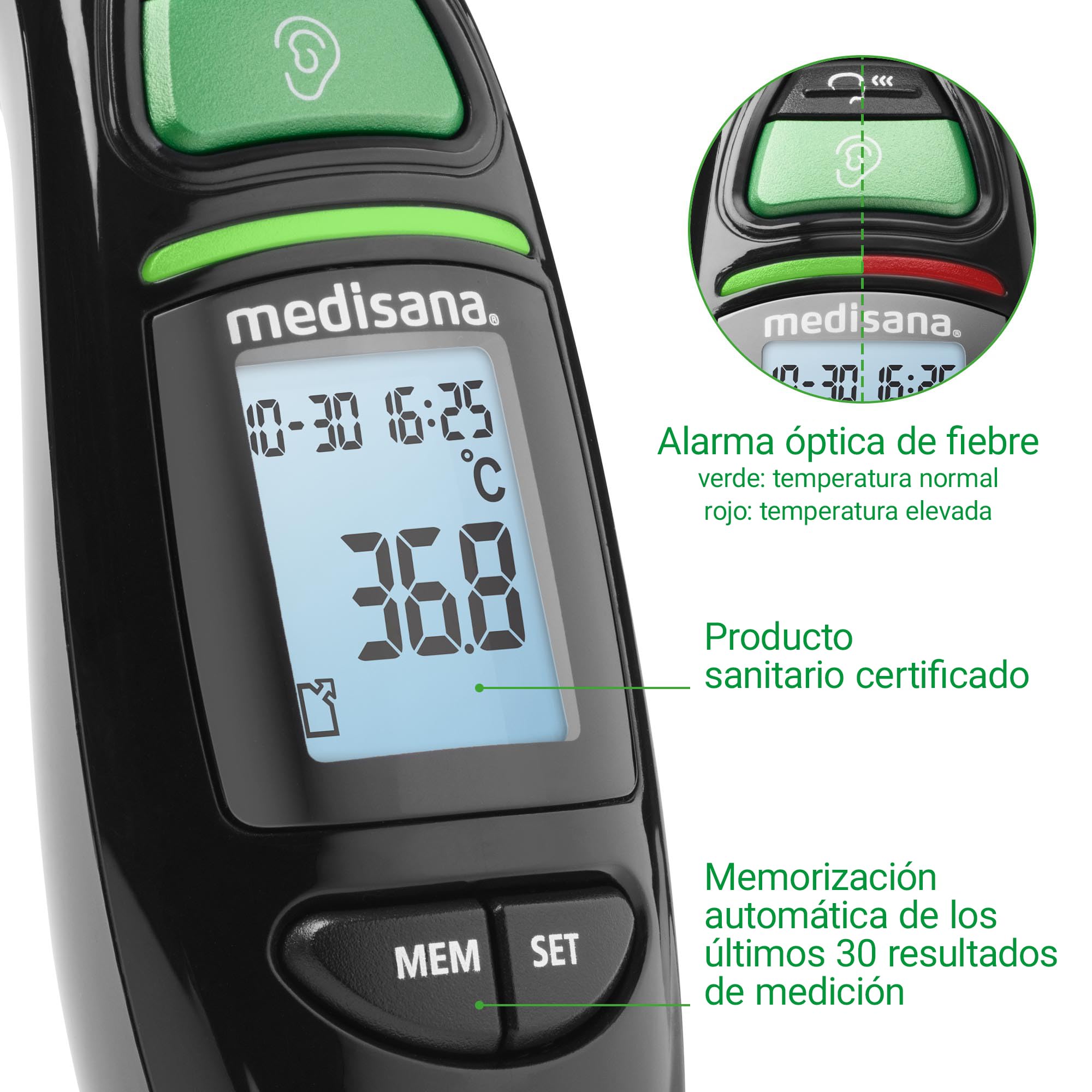 medisana TM 750 negro termómetro clínico digital 6 en 1 termómetro de oído para bebés, niños y adultos, termómetro de frente con alarma visual de fiebre y función de memoria
