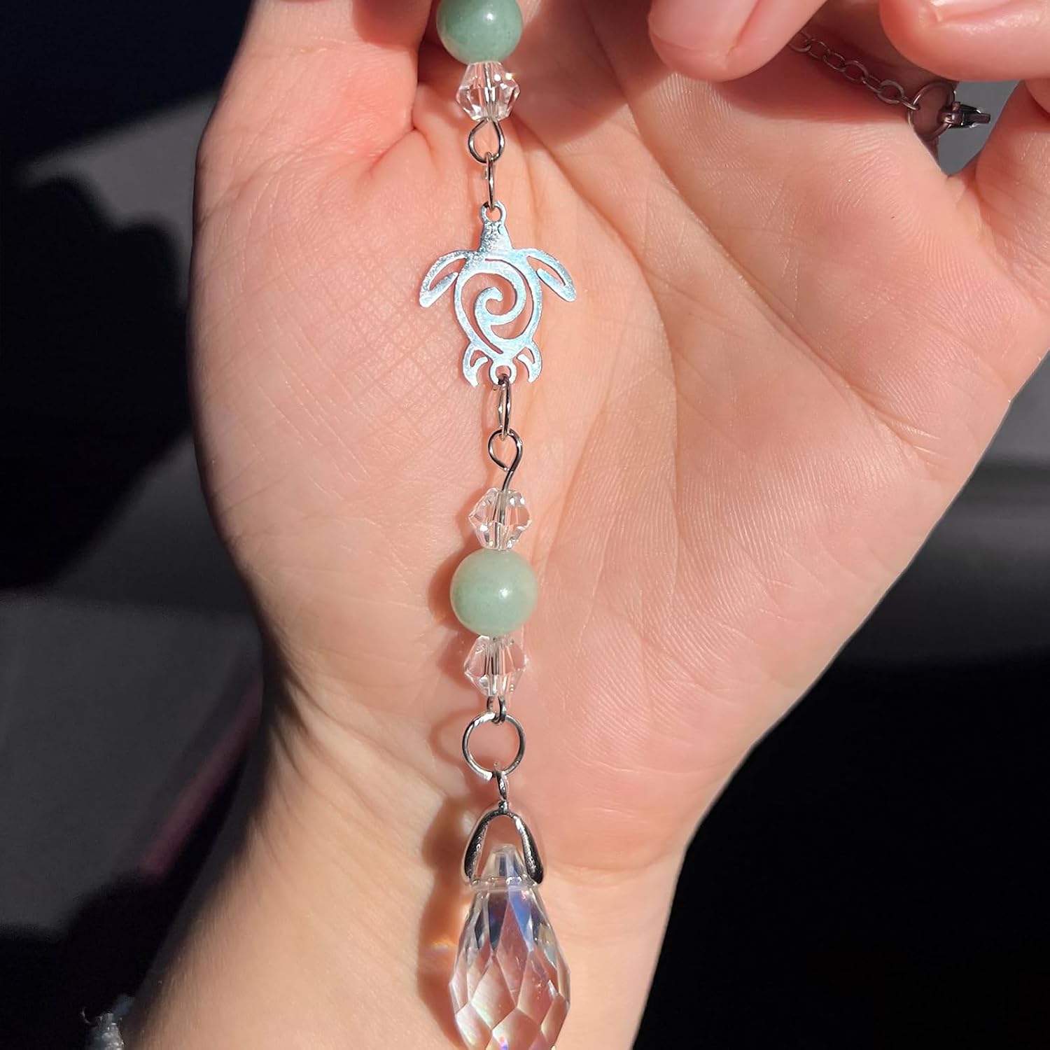 Car Rear View Mirror Accessories Cuckold Car Hanging Ornament, Cuckold Rearview Decor Charm Handmade Green Jade Beaded Crystal Cute Boho Swinging Interior Decor for Women Men image 3