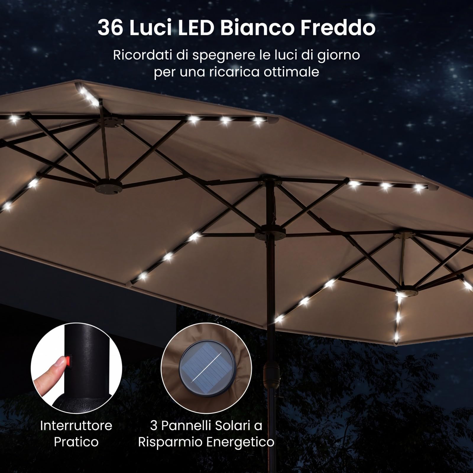 COSTWAY Ombrellone da Giardino Doppio 400 x 200 cm, con 36 Luci LED Solari, Manovella 12 Stecche, Base, Anti-UV, Rettangolare, per Giardino Piscina Cortile (Caffè)