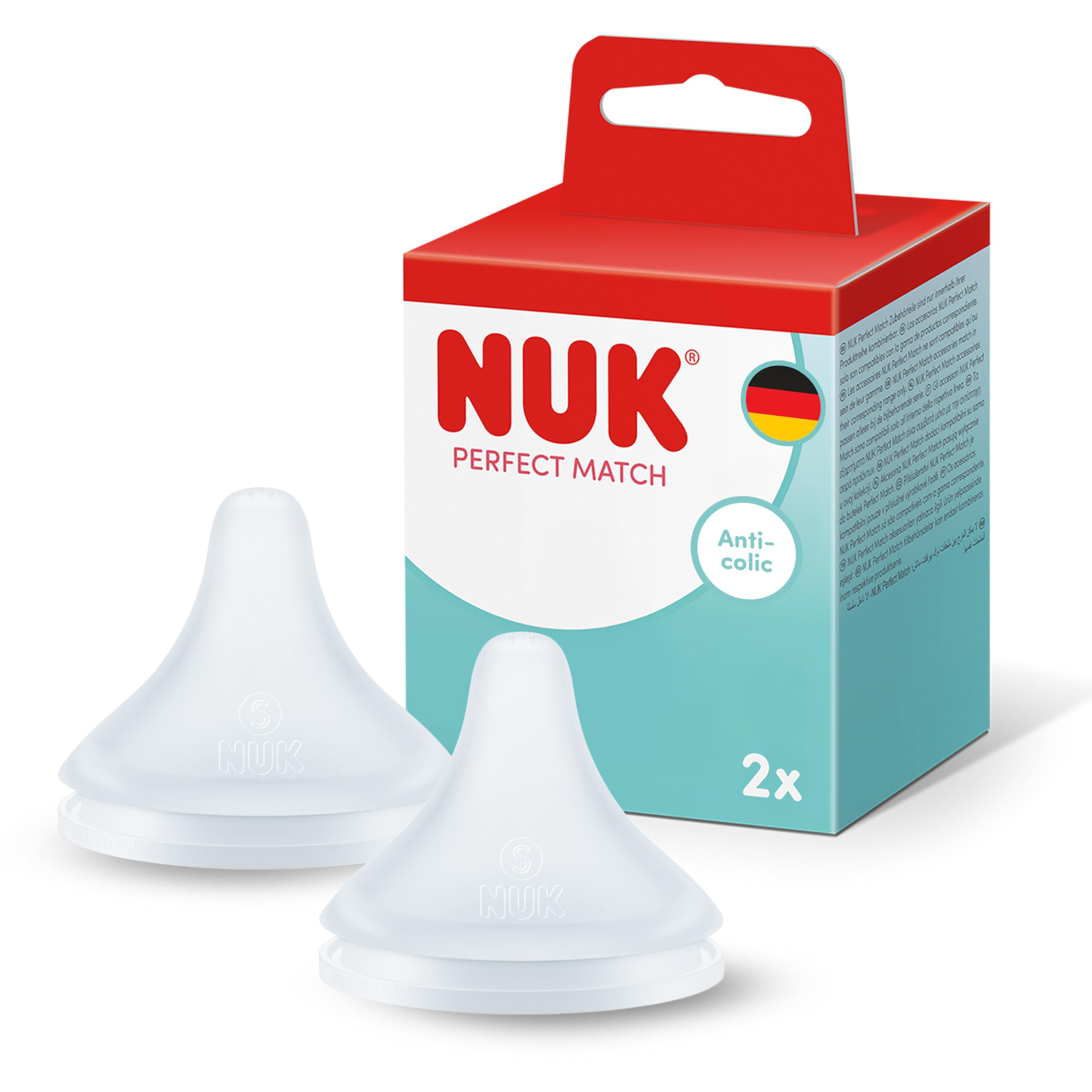 NUK Perfect Match Baby Bottle Teats | 0+ Months | Anti Colic Feeding Bottle Teats | Silicone | Small | 2 Count