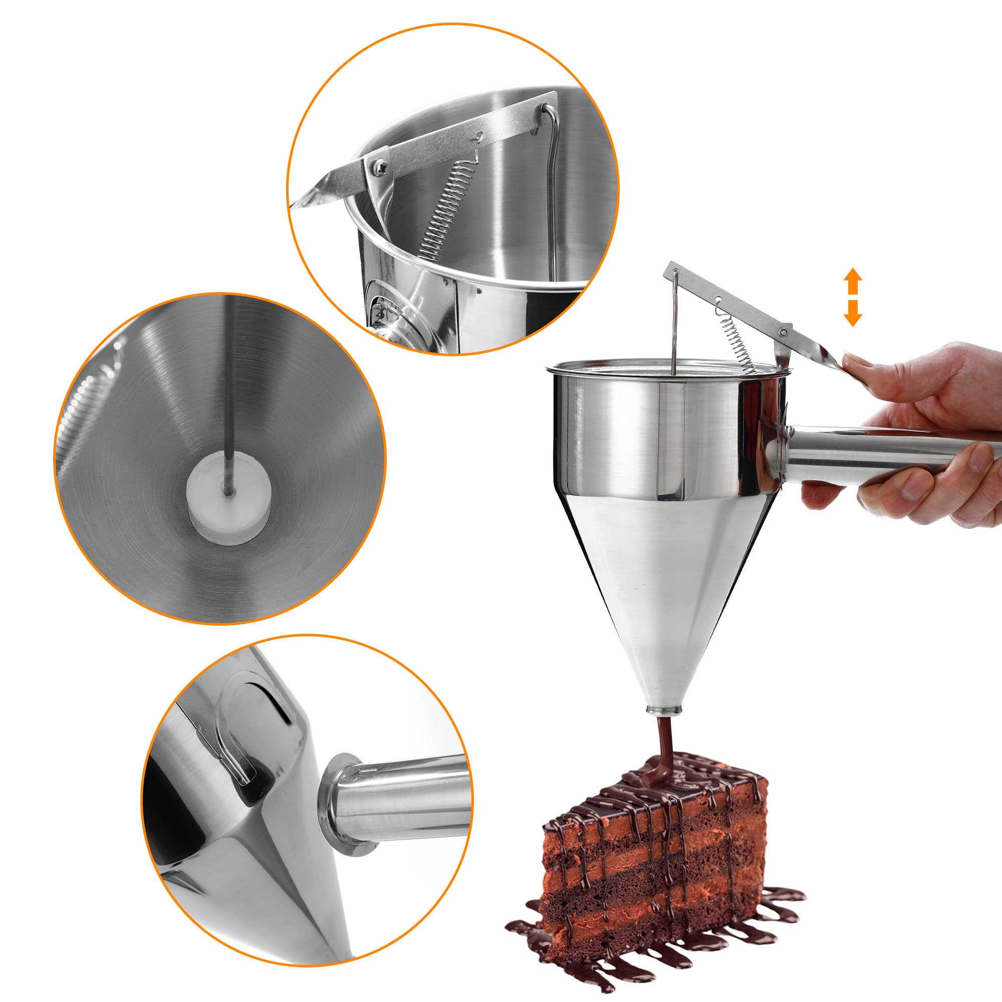 HAOYULUO Dosatore di Impasto in Acciaio Inox,Imbuto Cucina 1200ML,Viene Fornito con Coperchio, Spazzola per la Pulizia e 4 Ugelli di Ricambio, Adatti per Pancake e Dessert