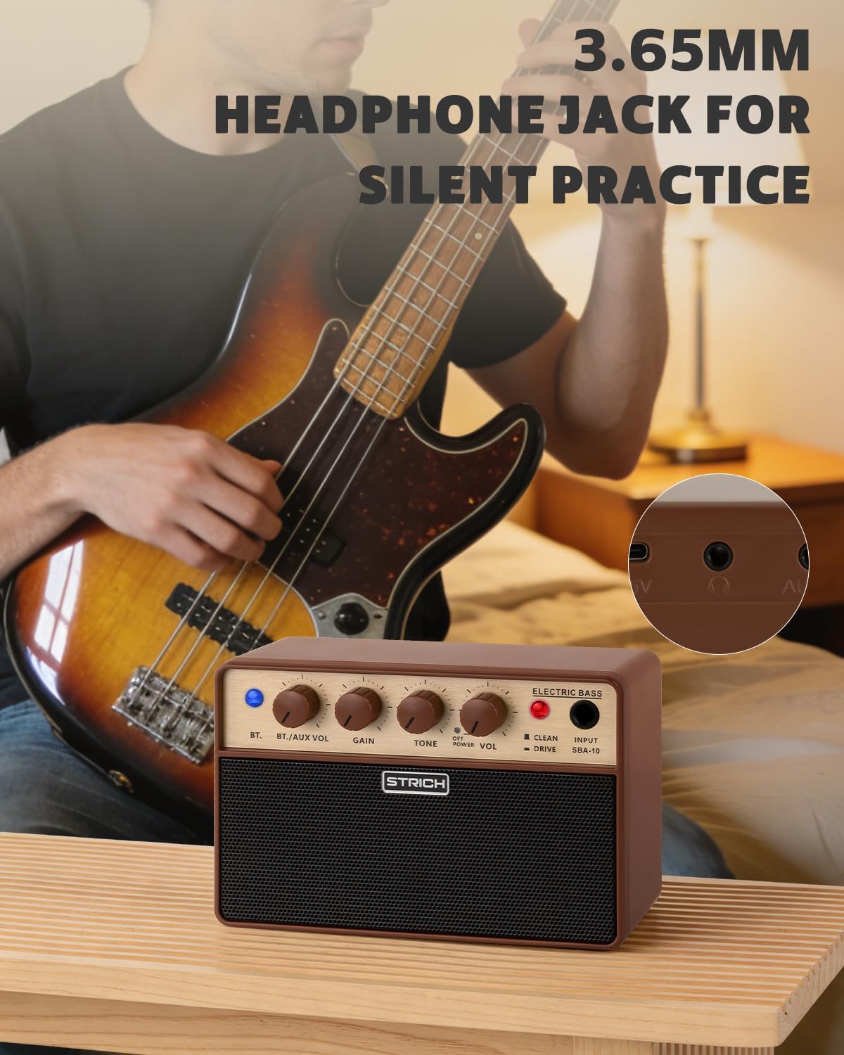 STRICH 2 × 5W Mini Bass Amp - Portable, Rechargeable Bass Practice Amplifier with Clean & Drive Channels, 1/8 Headphone Output for Beginner, Practice, Vintage Brown