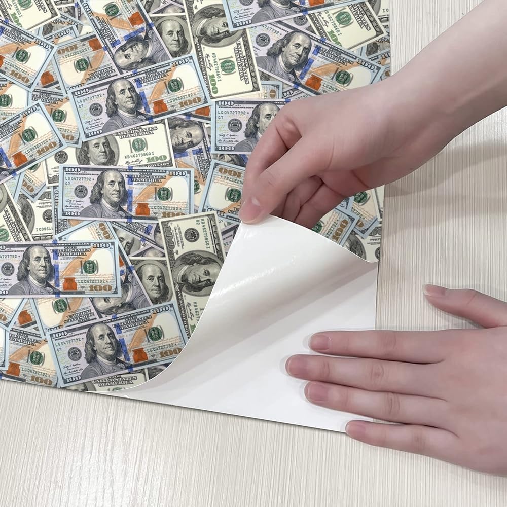 Reateforin100 Dollar Bill Wallpaper - Graphic Money Modern American Hundred Dollar Bills USD Stick and Peel Wall Stickers - Removable Mural for Living Room 17.7" x32.8ft