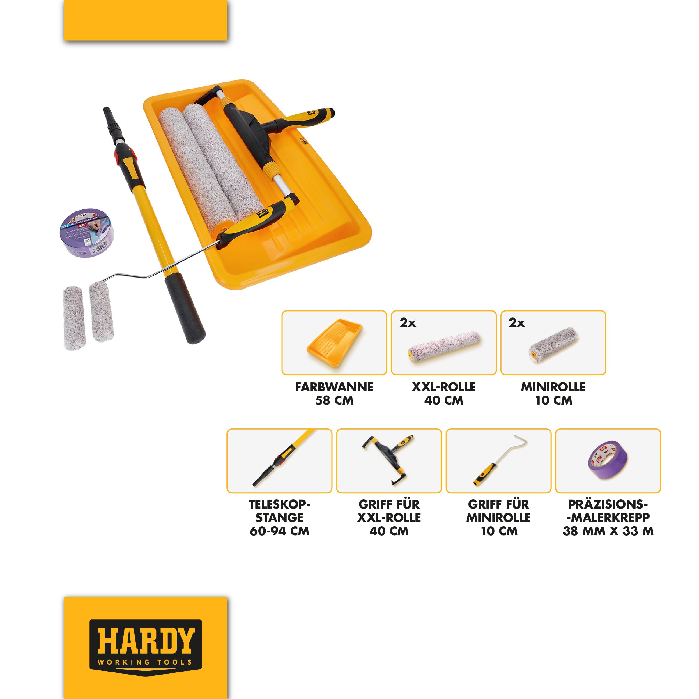 Hardy Working Tools 7 Tlg Malerset Speedy 40, 2x Farbwalze Groß 40 cm, 2x Farbroller Klein 10 cm, 1x Farbwanne 58 cm, 1x Teleskopstange-Maler 60 cm – 94 cm, 1x Malerkrepp 38 mm x 30 m