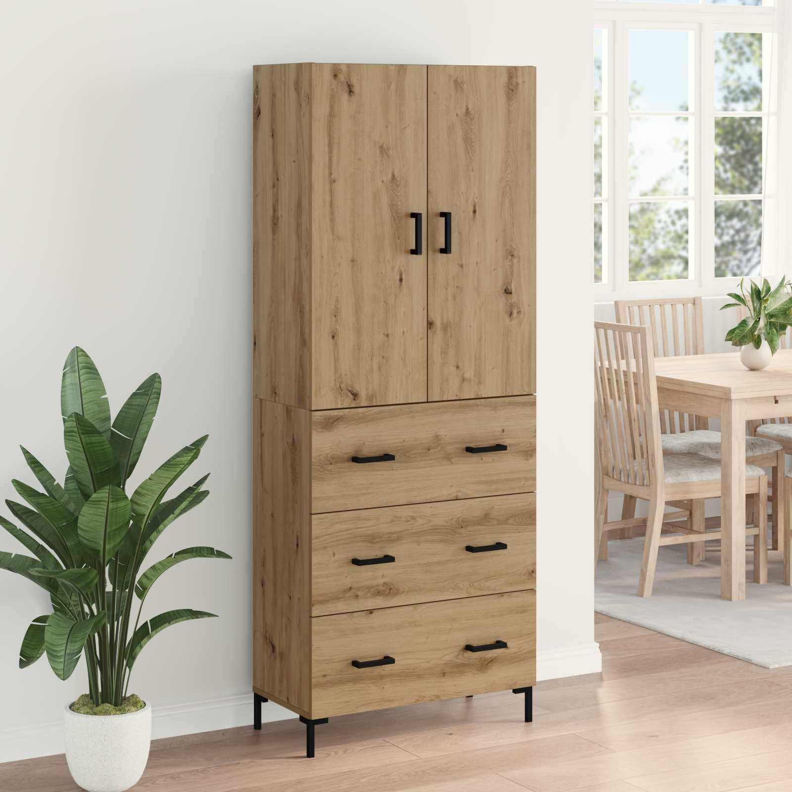 Armadietto alto di alta qualità in rovere Artisan, 69,5 x 34 x 180 cm, con cassetti e ante per soggiorno, sala da pranzo, corridoio, ufficio