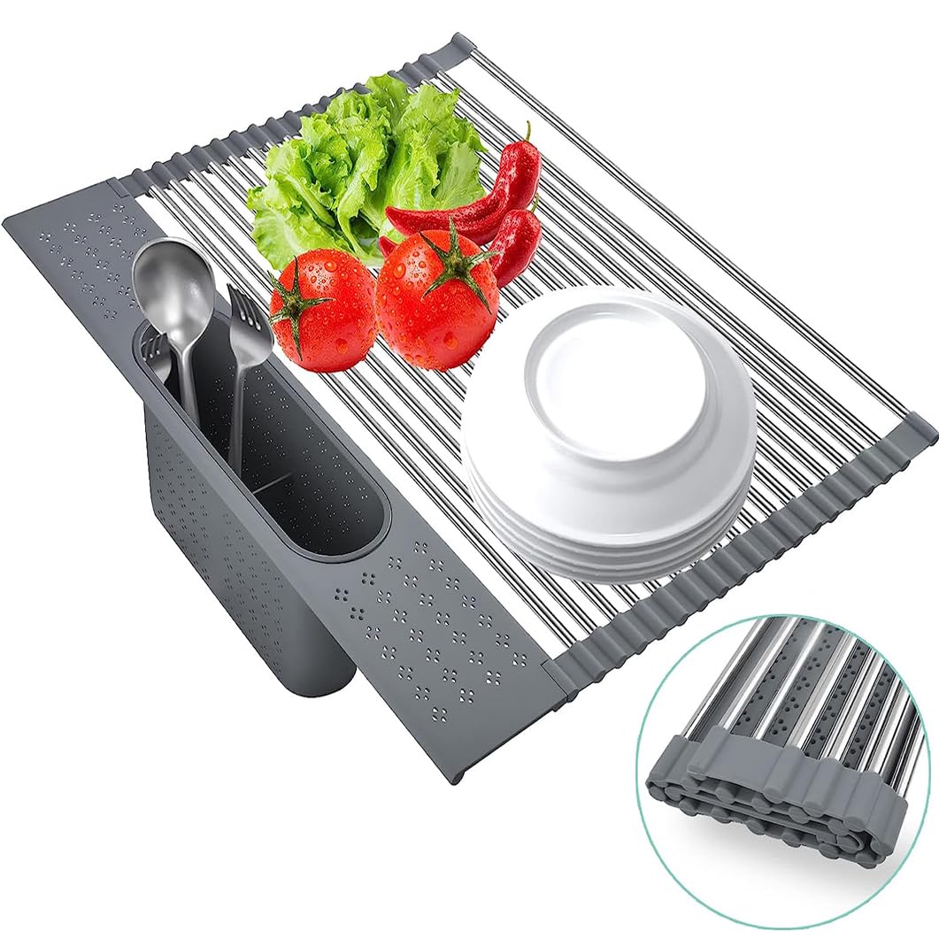 ANTOLE Roll Up Dish Drying Rack,Over The Sink Dish Drying Rack Kitchen Rolling Dish Drainer with Utensil Holder,Foldable Sink Rack Mat Stainless Steel Wire Dish Drying Rack for Sink Counter (Grey)