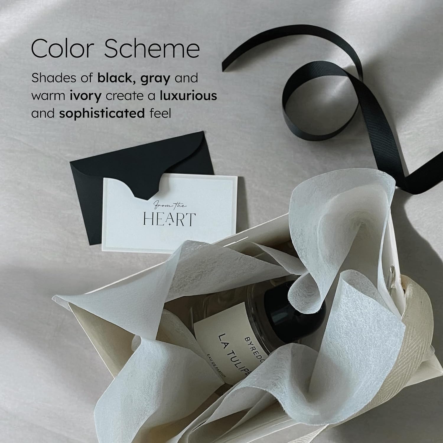 Luxury Gift Bag Packaging Set with Ribbon, Mini Card & Envelope, Sheer Wrapping Sheet – Natural Bamboo Pulp, Cotton Handle - Premium Gift Bag Box for Jewelry, Favors & Gifts, Special Occasions (Black, Set of 1) image 2