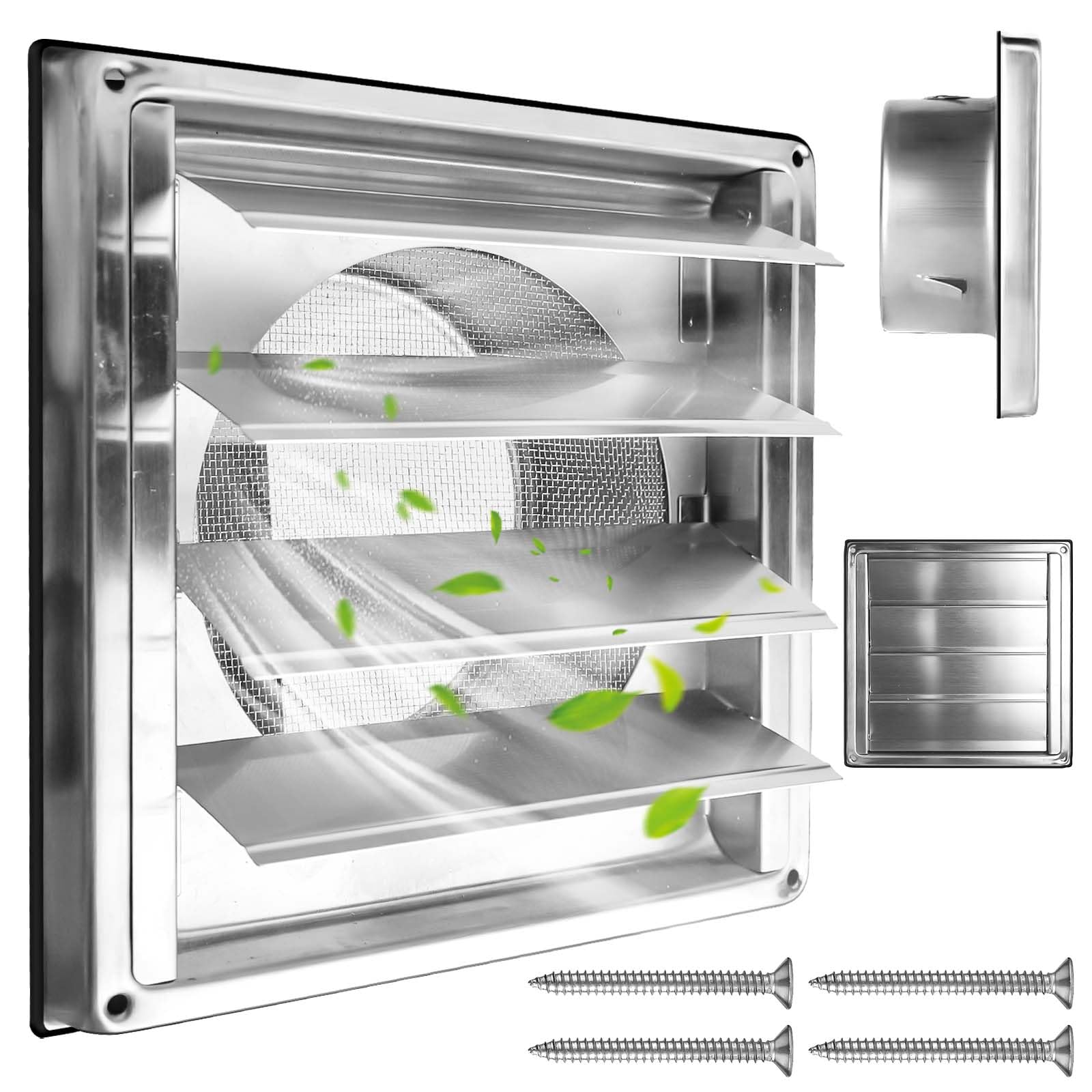 Rejilla de ventilación de acero inoxidable de 125 mm: válvula antirretorno, rejilla de protección contra la intemperie con rejilla de protección contra insectos, rejilla de láminas para tubo de