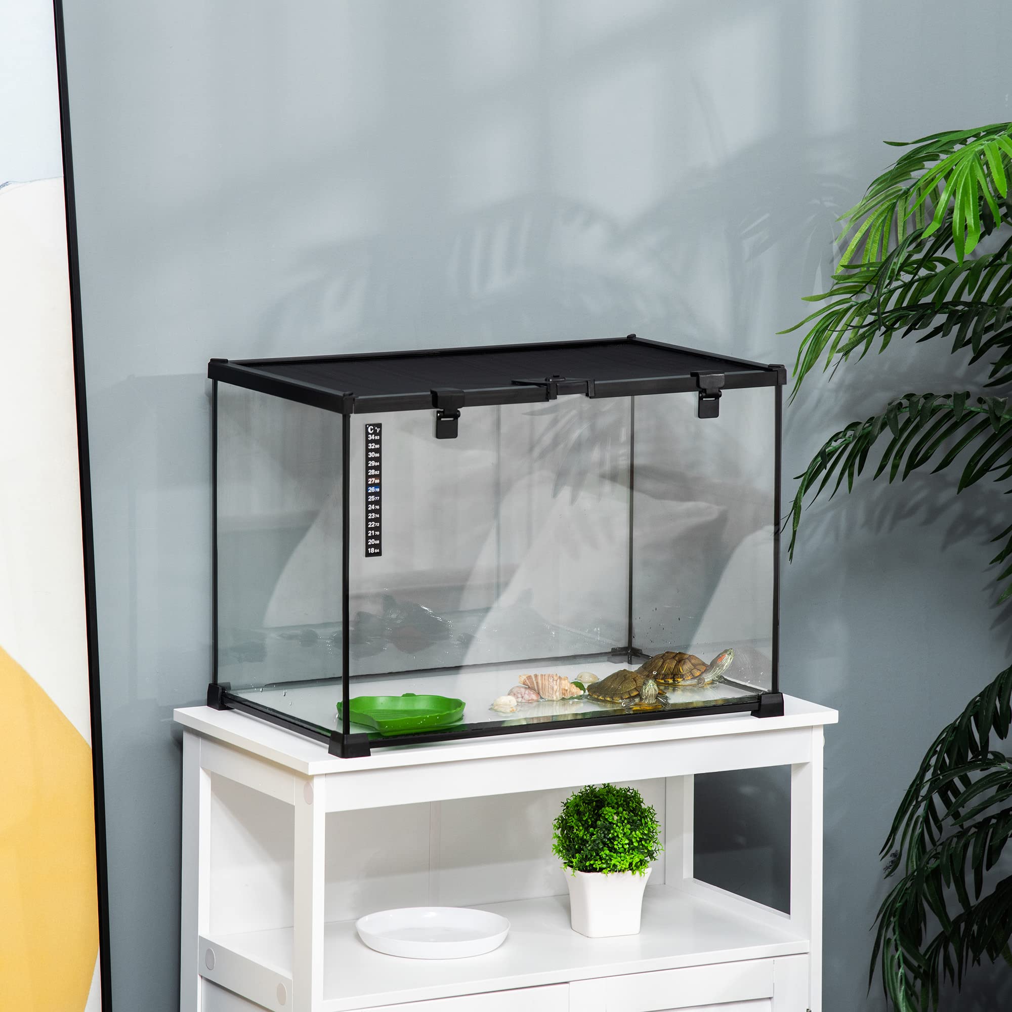 PawHut Terrarium für Reptilien Reptile Fütterungsbox Glasterrarium Amphibien Spinnentiere mit Thermometer Reptilienzuchtbox für Schnecken Amphibien Insekten Schildkröten Schwarz 50 x 30 x 35 cm