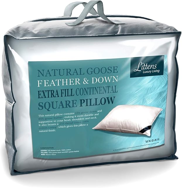 Extra Filled 65cm x 65cm European Continental White Goose Feather & Down Square Pillow 230TC 100% Cotton Casing, Down Proof (26" x 26") By Littens