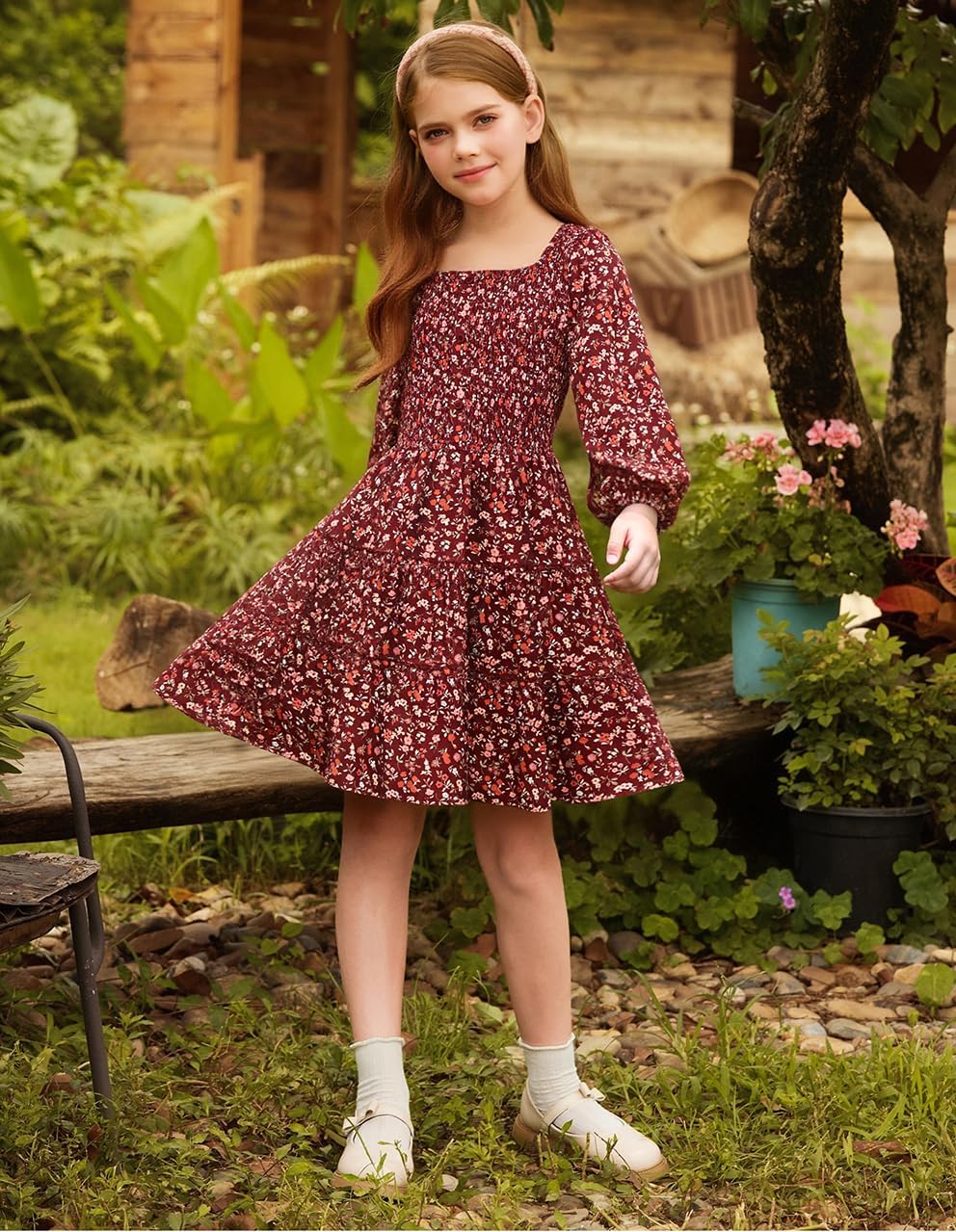 GRACE KARIN Girls Fall Long Sleeve Floral Square Neck Smock Tiered Casual Holiday Teen Dress Size 5-14 - Image 5