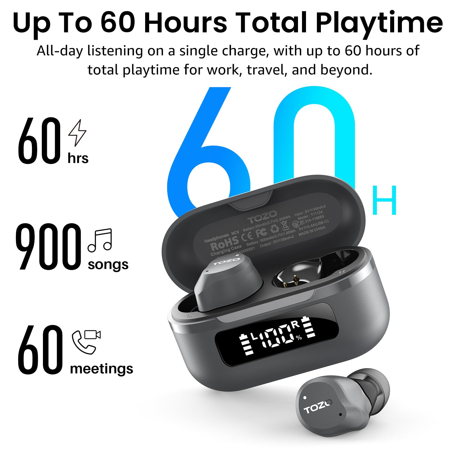 TOZO NC9 Hybrid Active Noise Cancelling Wireless Earbuds, 60H, LED Display view 4