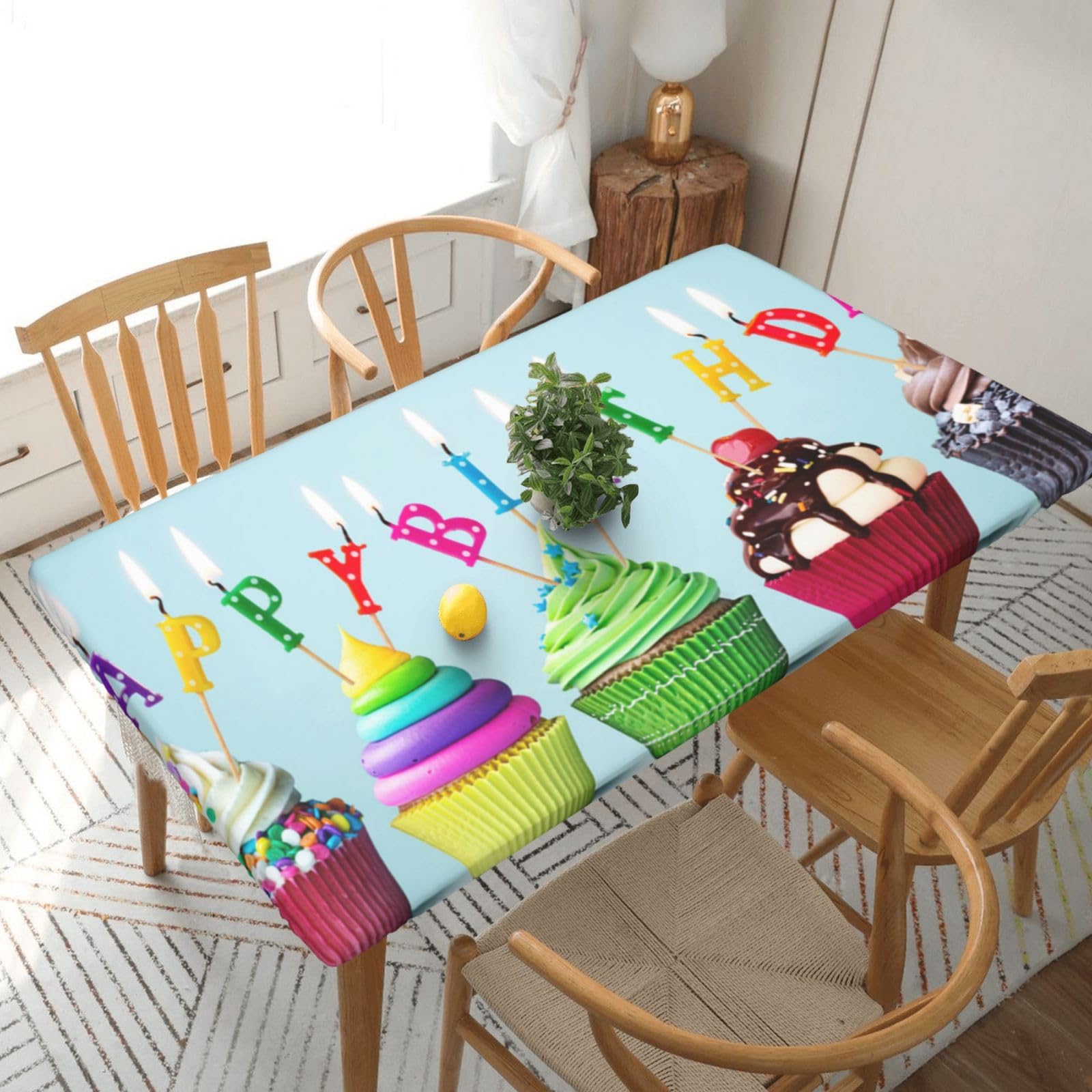 BNVSADC Colorful Happy Birthday Cupcakes Printed 5FT Tablecloth Polyester Kitchen Water Resistant Table Cloth Dining Table Decoration Table Covers, 152x76 CM