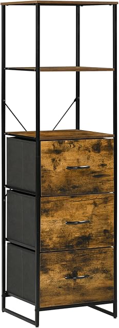 HOMCOM Industrial Storage Cabinet with 2 Open Shelves and 3 Foldable Fabric Drawers, Multifunctional Bookshelf in Living Room, Study, Bedroom, Rustic Brown