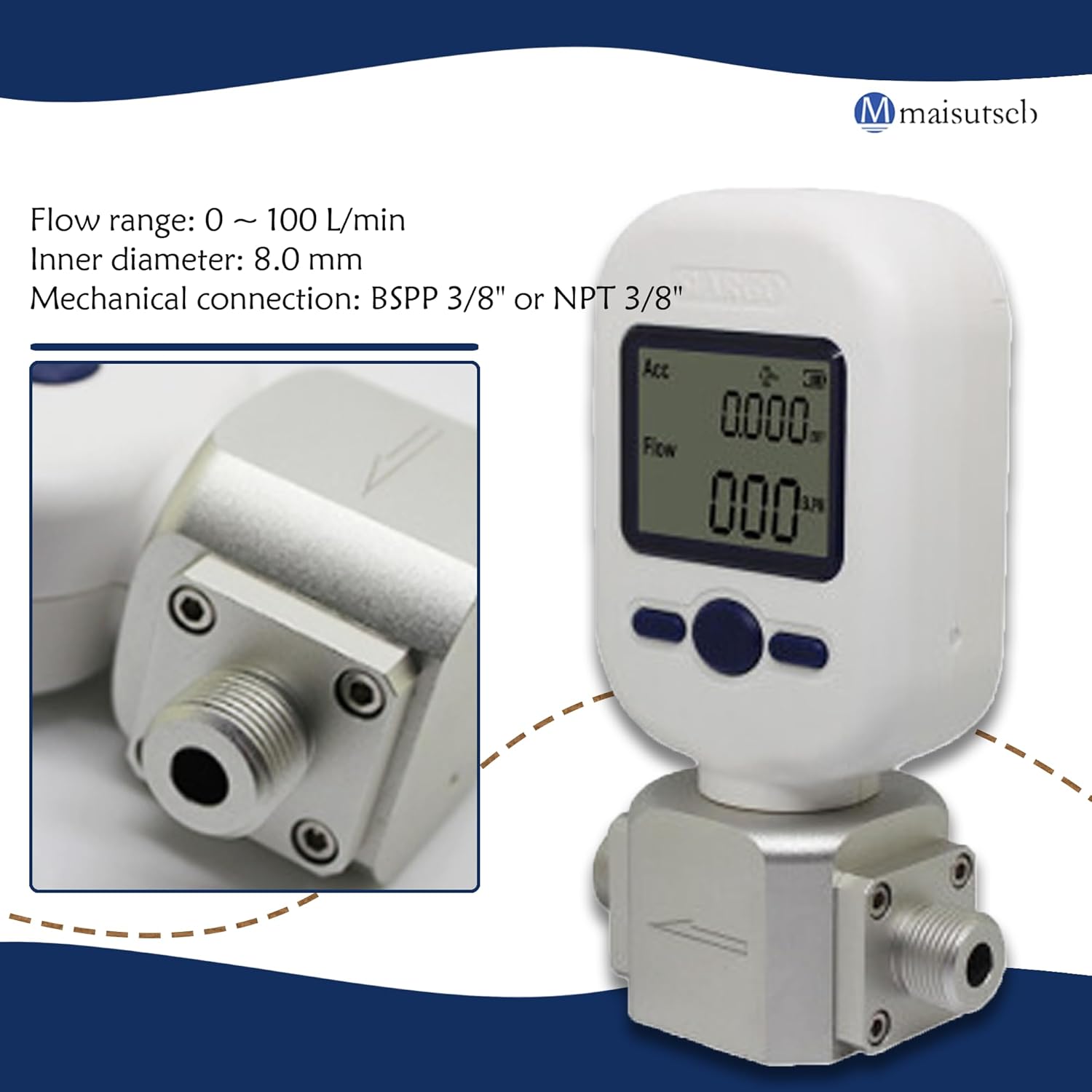 Flow Meter Gas 3/8" NPT Digital Gas Mass Flow Sensor 0-100L/m Air Flow Tester Sensor Oxygen, Nitrogen, Air Flow Tester MF5708