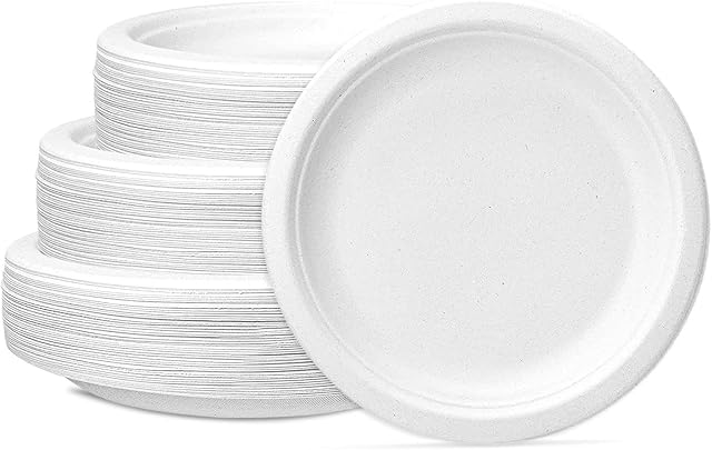 Ask Packaging 100% Compostable (7 Inch / 50-Pack) Heavy-Duty Eco-Friendly Disposable Bagasse Plates, Made of Natural Sugarcane Fibers  7" Biodegradable Paper Plates