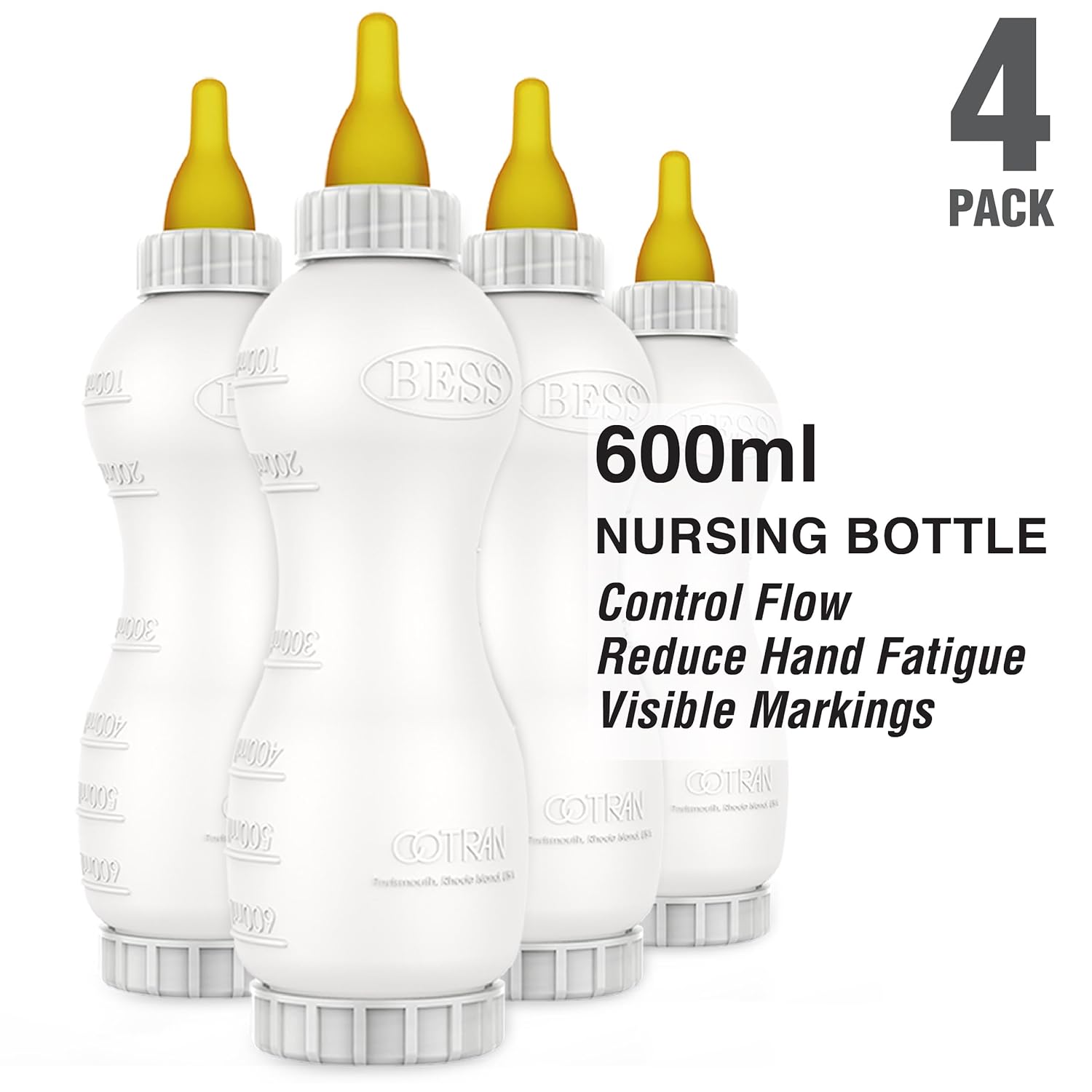 BESS Small Animal Nursing Bottle, No Leak Nipple with Insert, Wide Mouth Bottom Cap Easy Fill and Clean, Control Flow, Non-Collapsing (20oz, 4pk)
